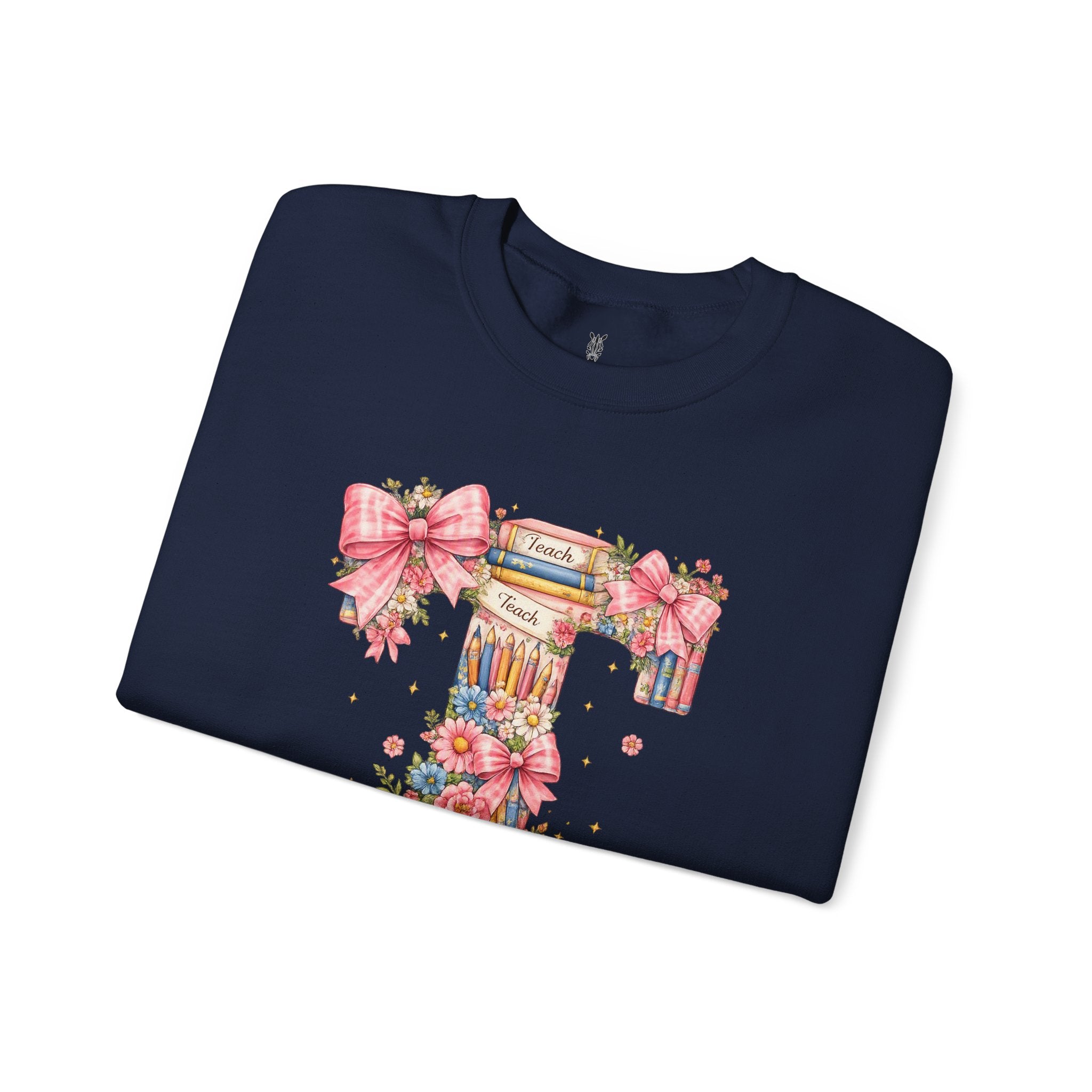 Teacher Crewneck Sweatshirt – Letter "T" Floral Bookstack, Reading Teacher Gift