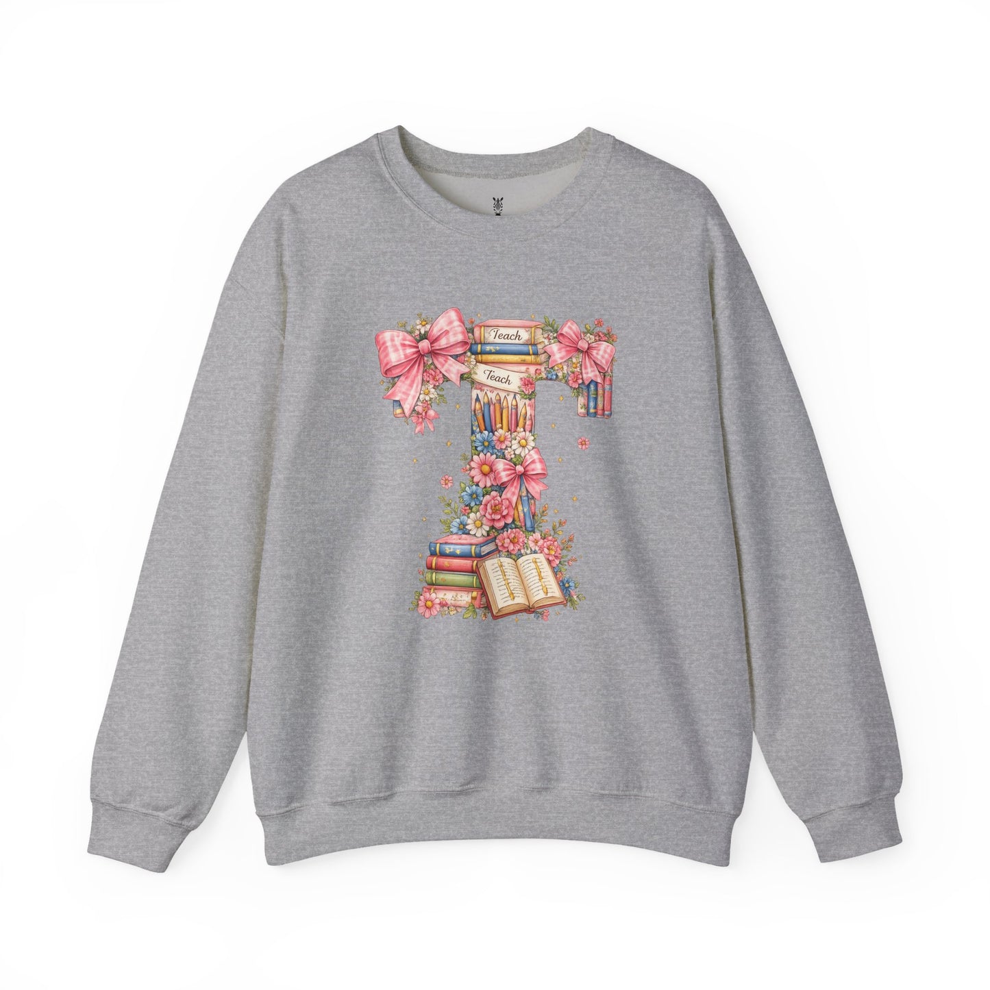 Letter T Floral Bookstack Sweatshirt — Feminine Alphabet Tee for Book Lovers