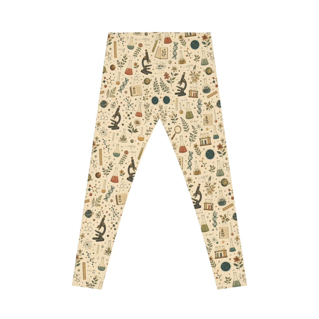 Science Teacher Leggings — Beige Botanical Lab Print | All-Over STEM Leggings for Women