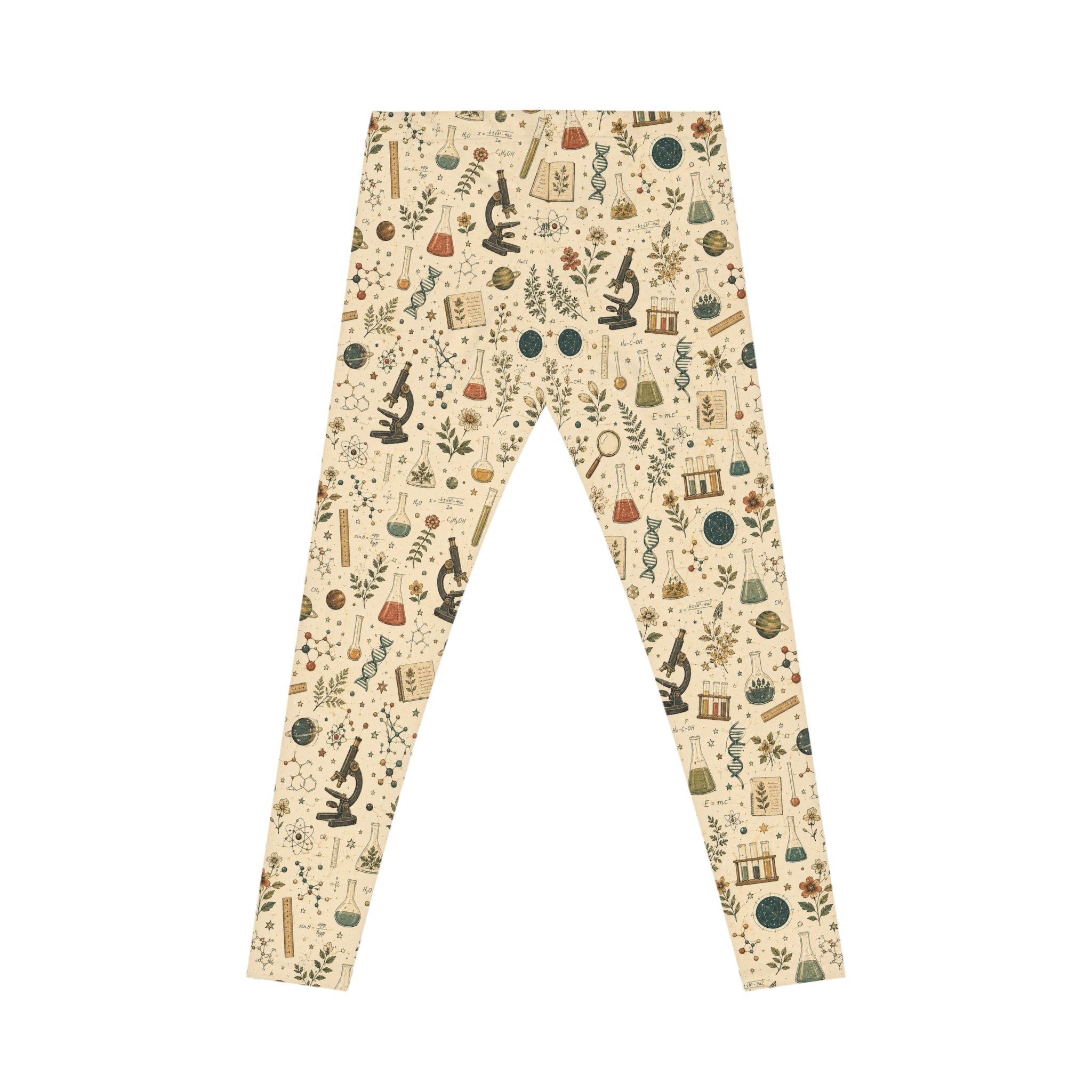 Science Teacher Leggings — Beige Botanical Lab Print | All-Over STEM Leggings for Women
