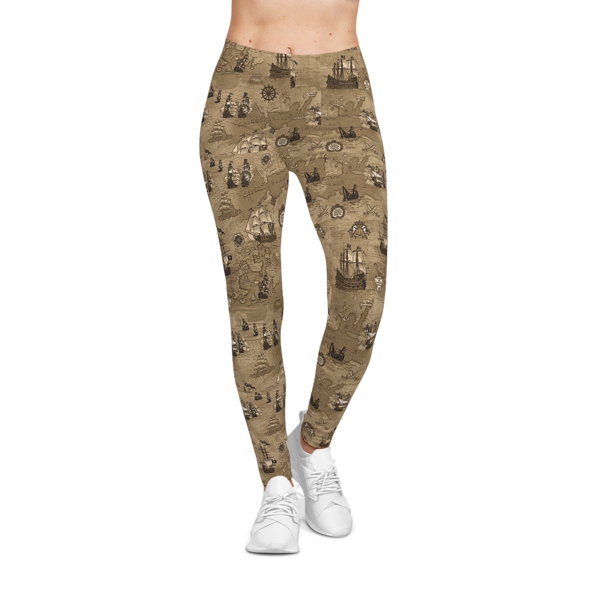 High-waisted leggings with vintage pirate treasure map and tall ship print