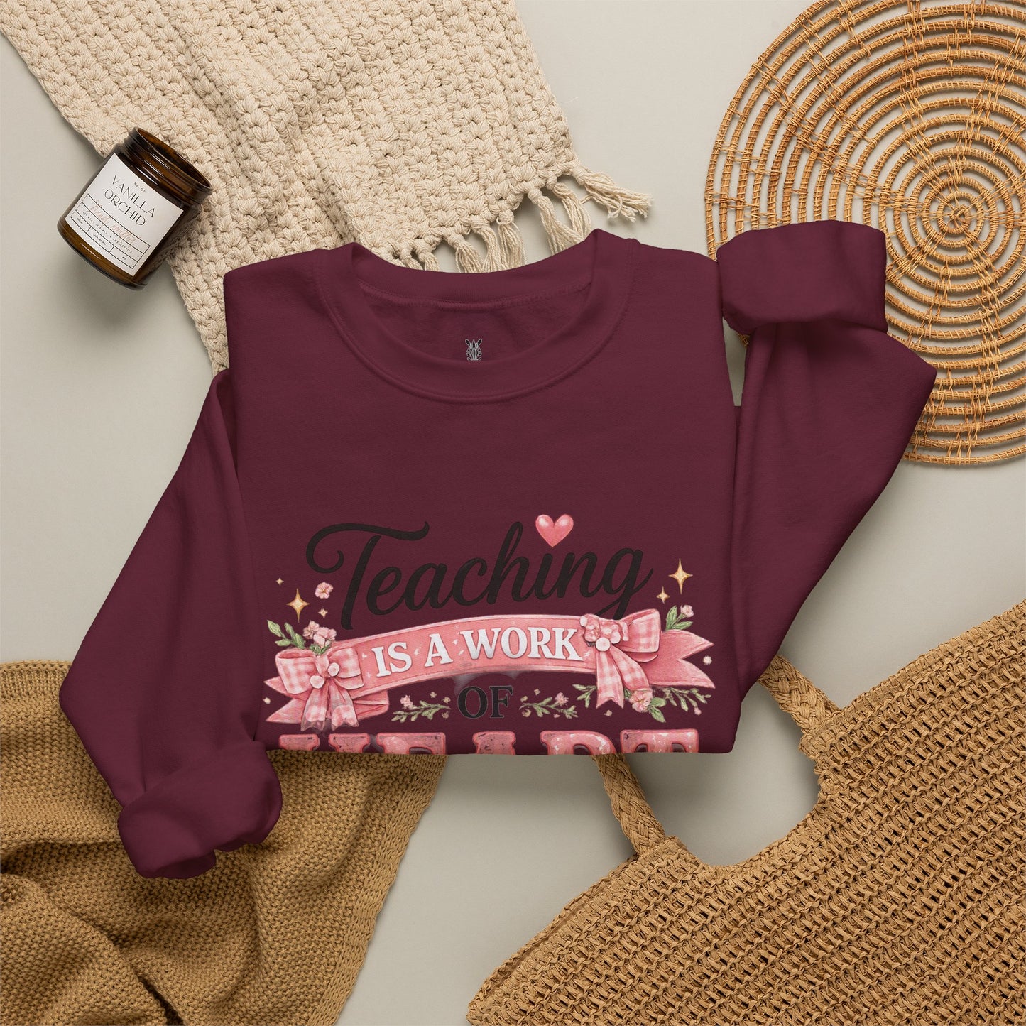 Elementary Teacher Crewneck Sweatshirt – "Teaching Is a Work of Heart" Floral