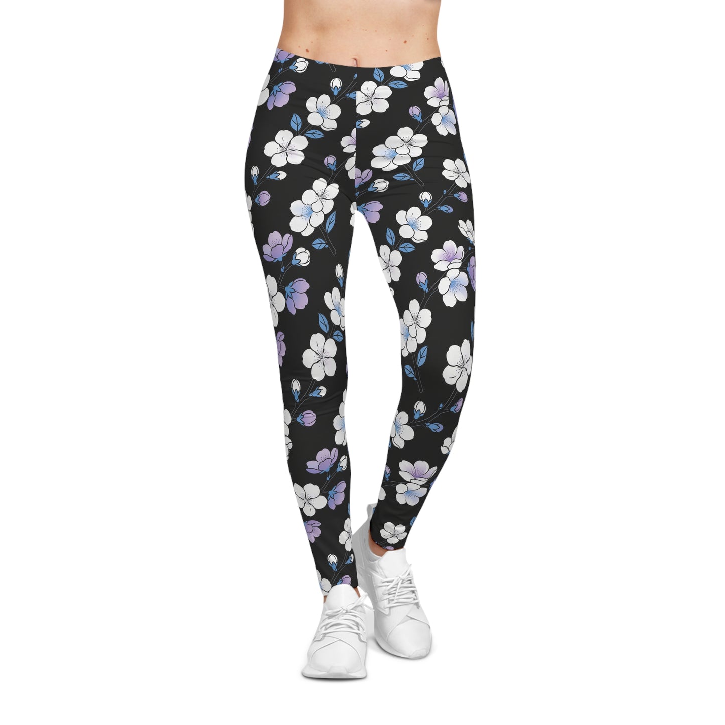 Purple White Floral Print Leggings | Black All-Over Pattern