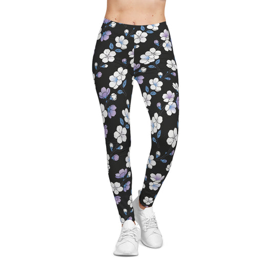 Purple White Floral Print Leggings | Black All-Over Pattern