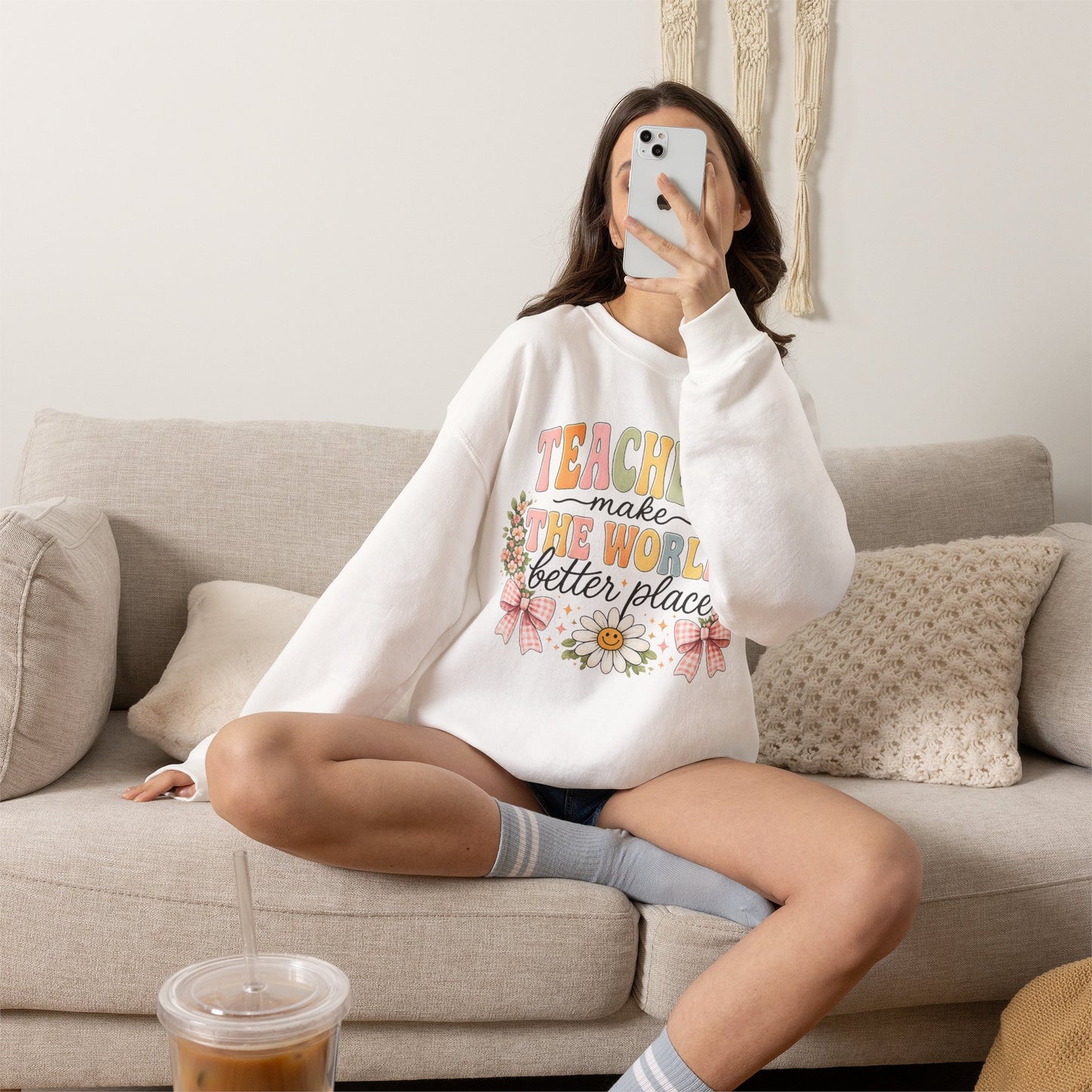 Cotton Teacher Sweatshirt – "Teachers Make the World Better" Daisy Crewneck