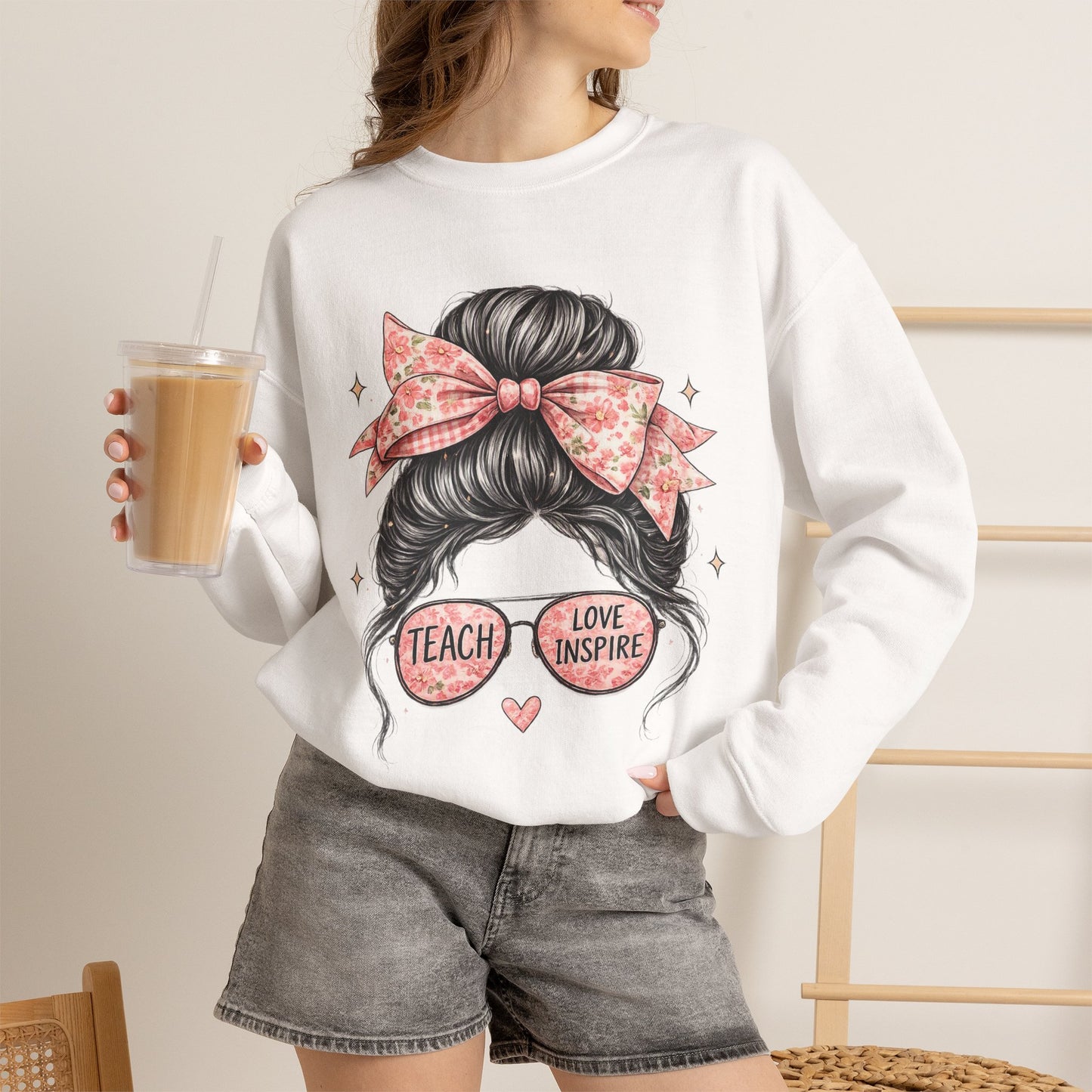 Funny Shirts for Teachers – Hair Bun & Sunglasses "Teach Love Inspire" Sweatshirt