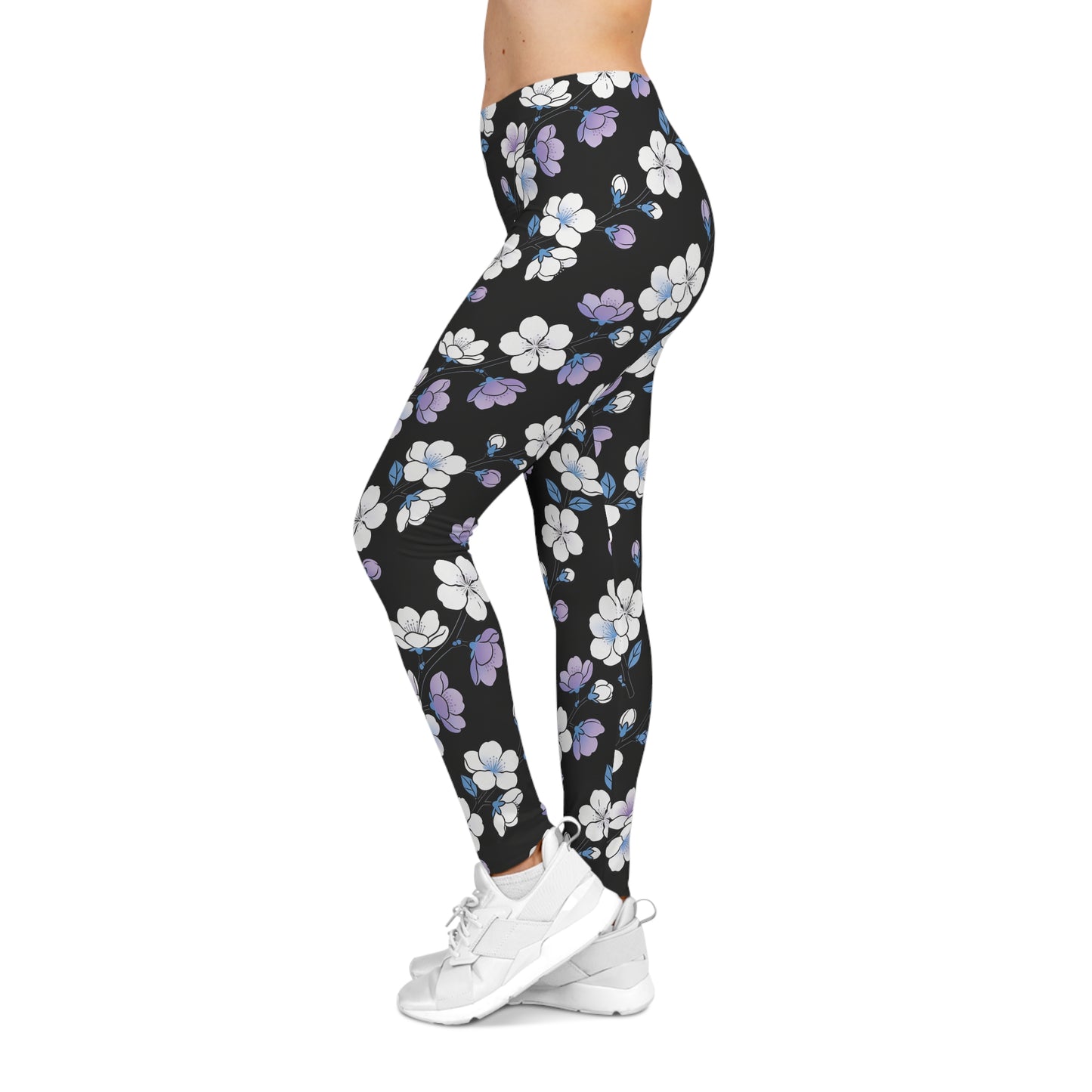 Purple White Floral Print Leggings | Black All-Over Pattern
