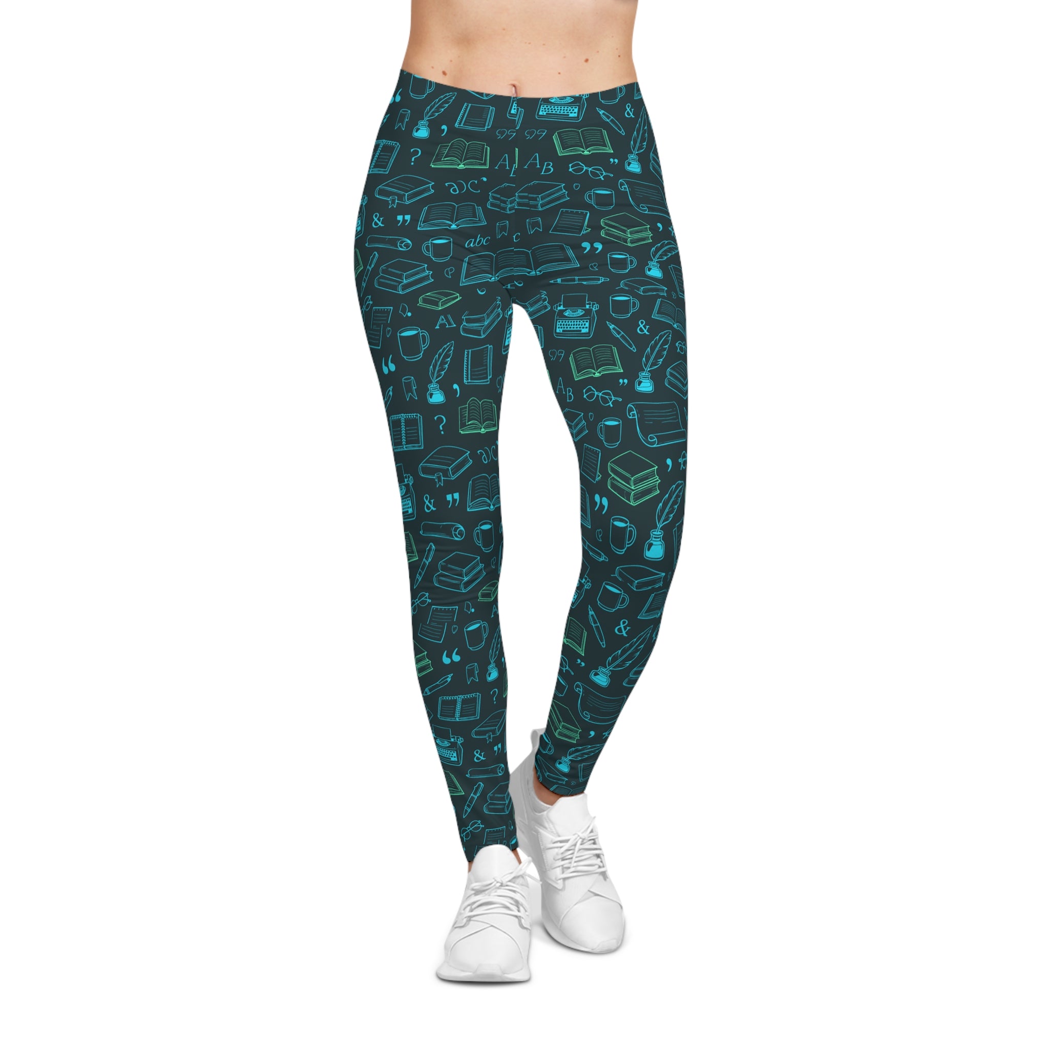 High-waisted leggings with neon book and literary doodle print