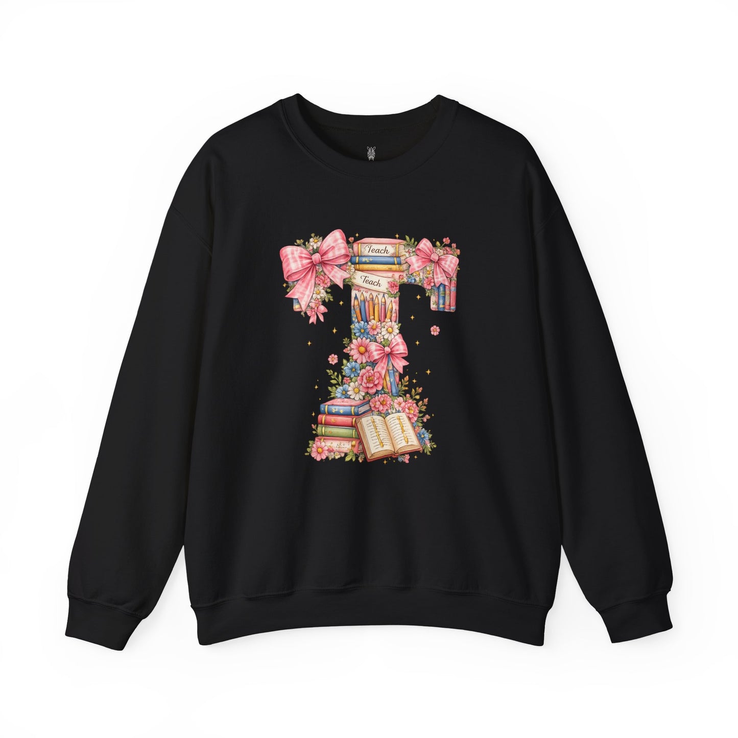 Letter T Floral Bookstack Sweatshirt — Feminine Alphabet Tee for Book Lovers