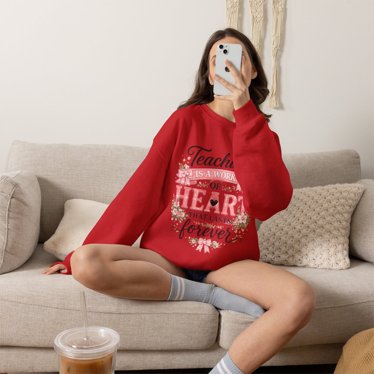 Elementary Teacher Crewneck Sweatshirt – "Teaching Is a Work of Heart" Floral
