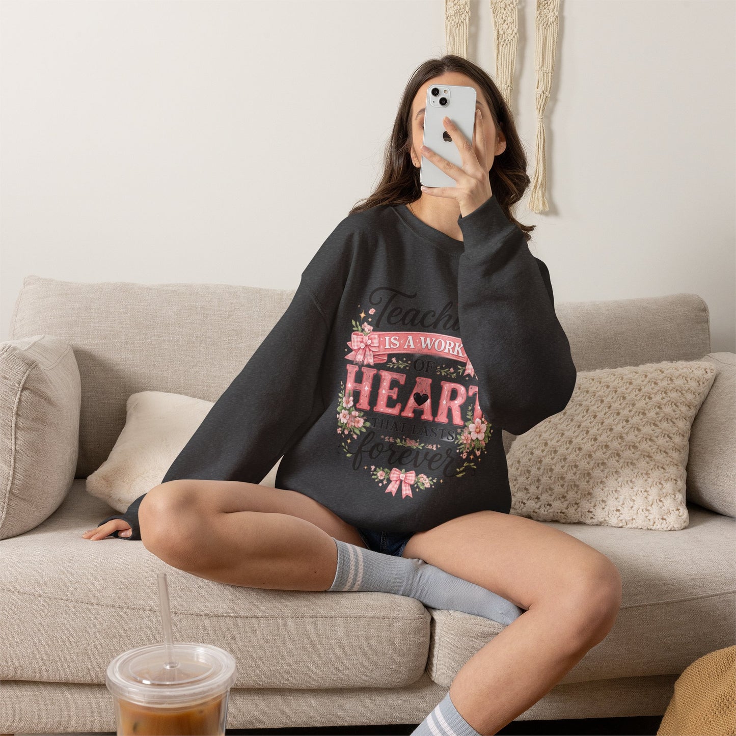Elementary Teacher Crewneck Sweatshirt – "Teaching Is a Work of Heart" Floral