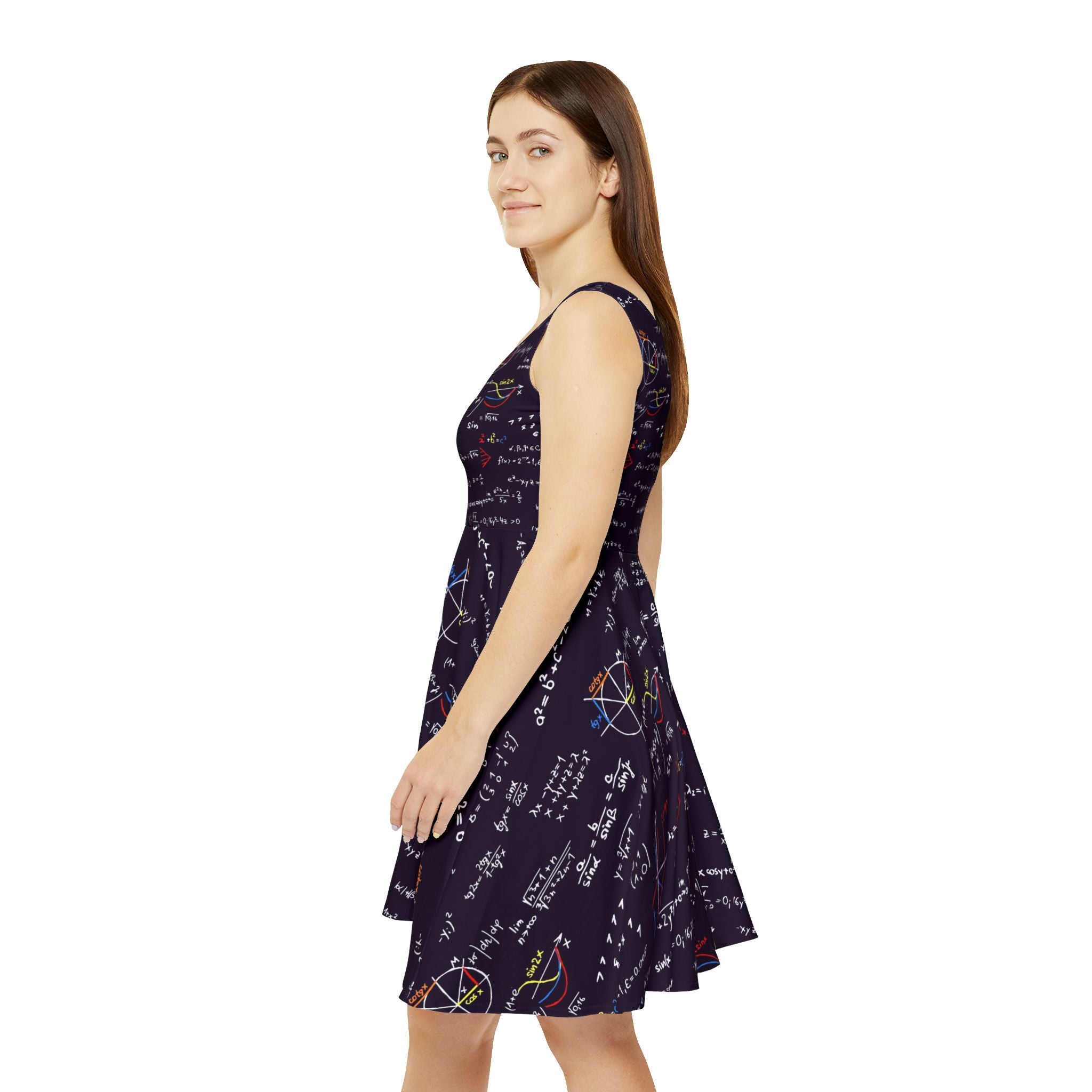 Woman wearing math teacher skater dress, side view showing A-line silhouette