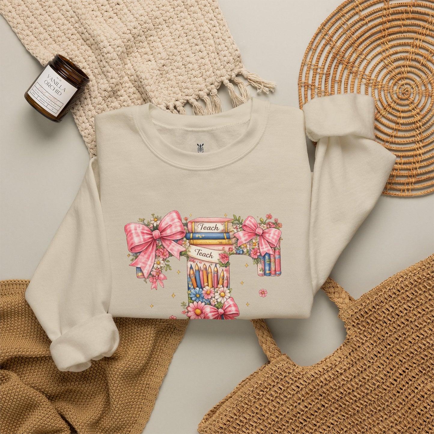Letter T Floral Bookstack Sweatshirt — Feminine Alphabet Tee for Book Lovers
