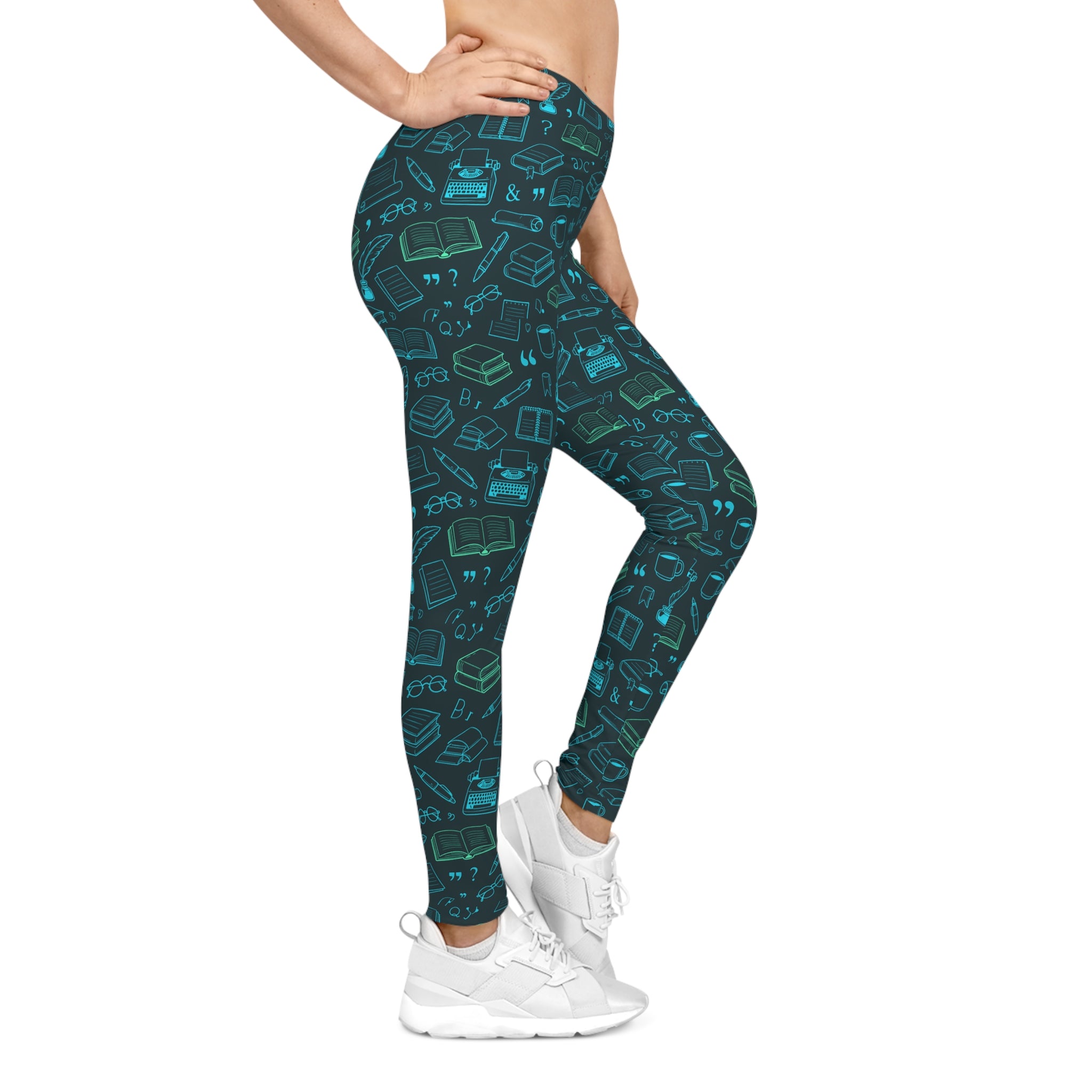 Book Lover Teacher Leggings | Neon Literary Doodle Print