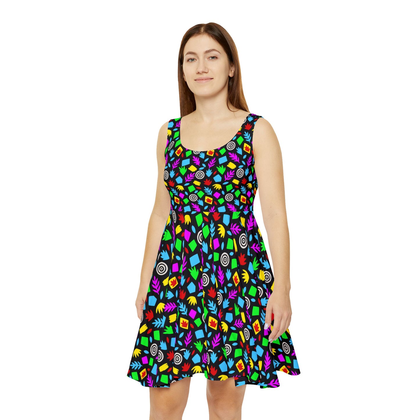 Neon Geometric Candy Pattern Skater Dress | Bright All-Over Print