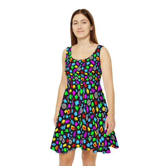 Neon Geometric Candy Pattern Skater Dress | Bright All-Over Print