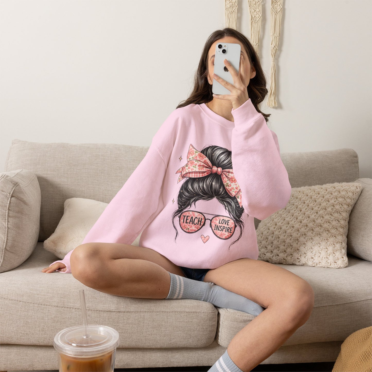 Funny Shirts for Teachers – Hair Bun & Sunglasses "Teach Love Inspire" Sweatshirt
