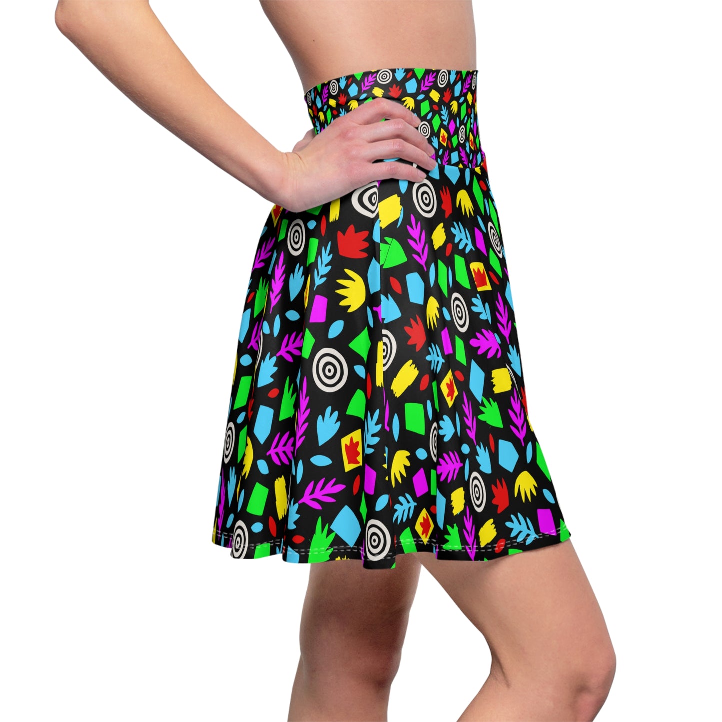 Neon Floral Geometric Pattern Skater Skirt | Colorful Leaves Dots