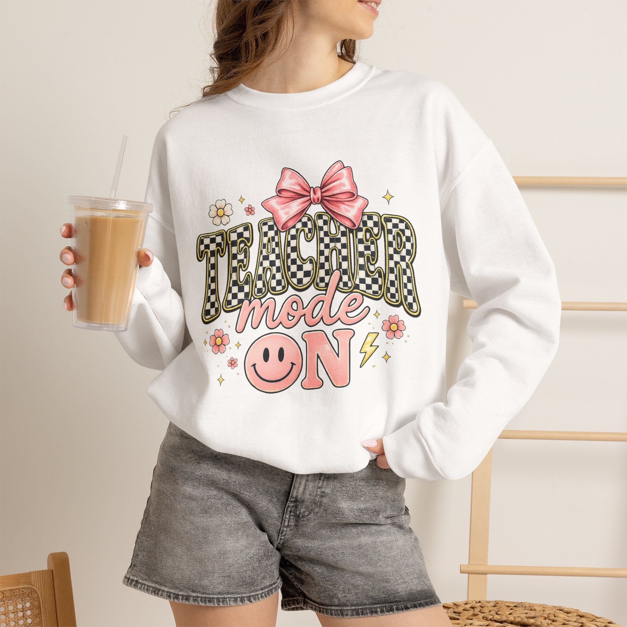 Teacher Crewneck Sweatshirt – "Feel-Good Energy" Pink Bow Graphic