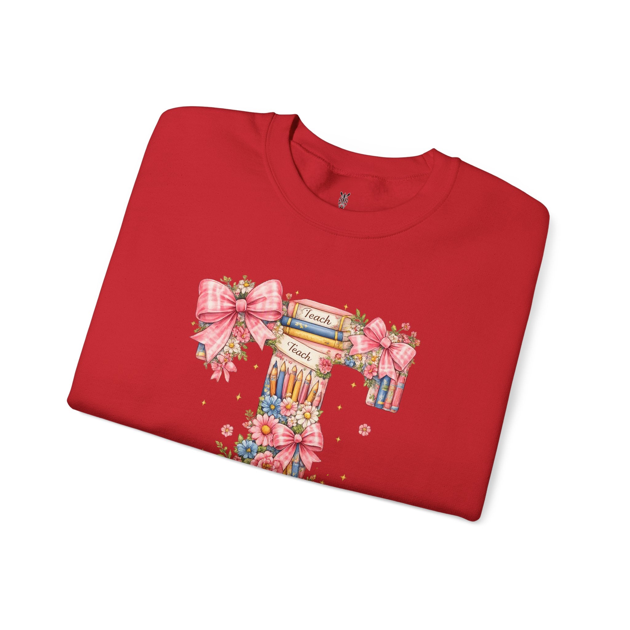 Teacher Crewneck Sweatshirt – Letter "T" Floral Bookstack, Reading Teacher Gift