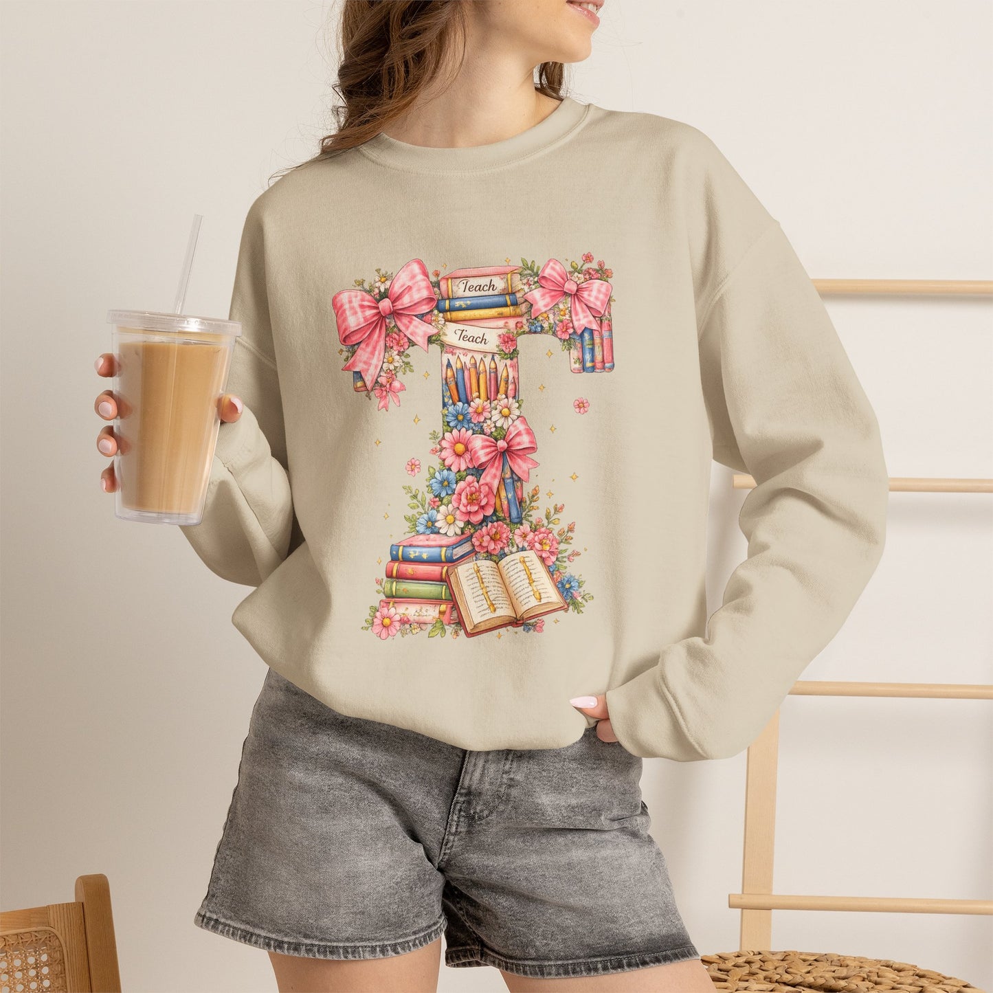 Letter T Floral Bookstack Sweatshirt — Feminine Alphabet Tee for Book Lovers