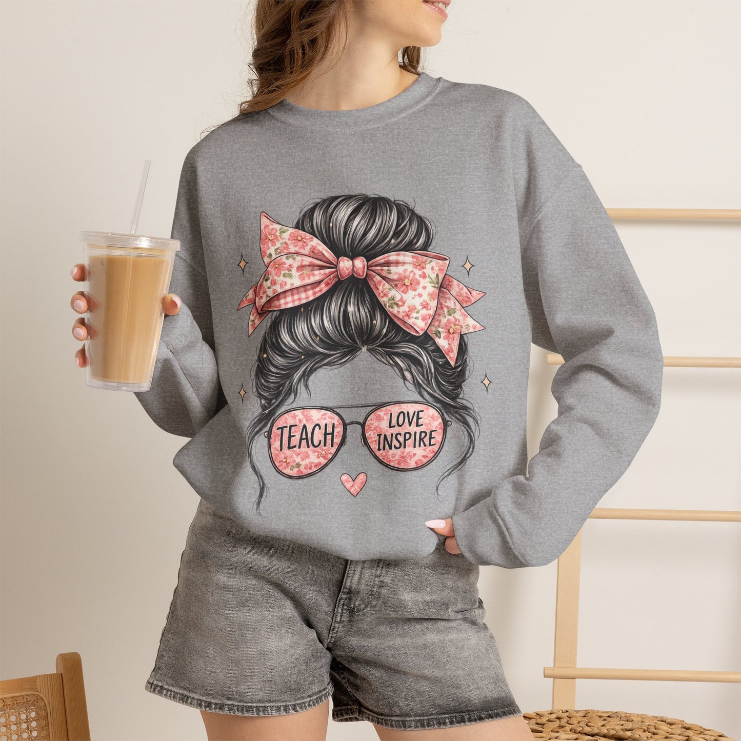 Funny Shirts for Teachers – Hair Bun & Sunglasses "Teach Love Inspire" Sweatshirt