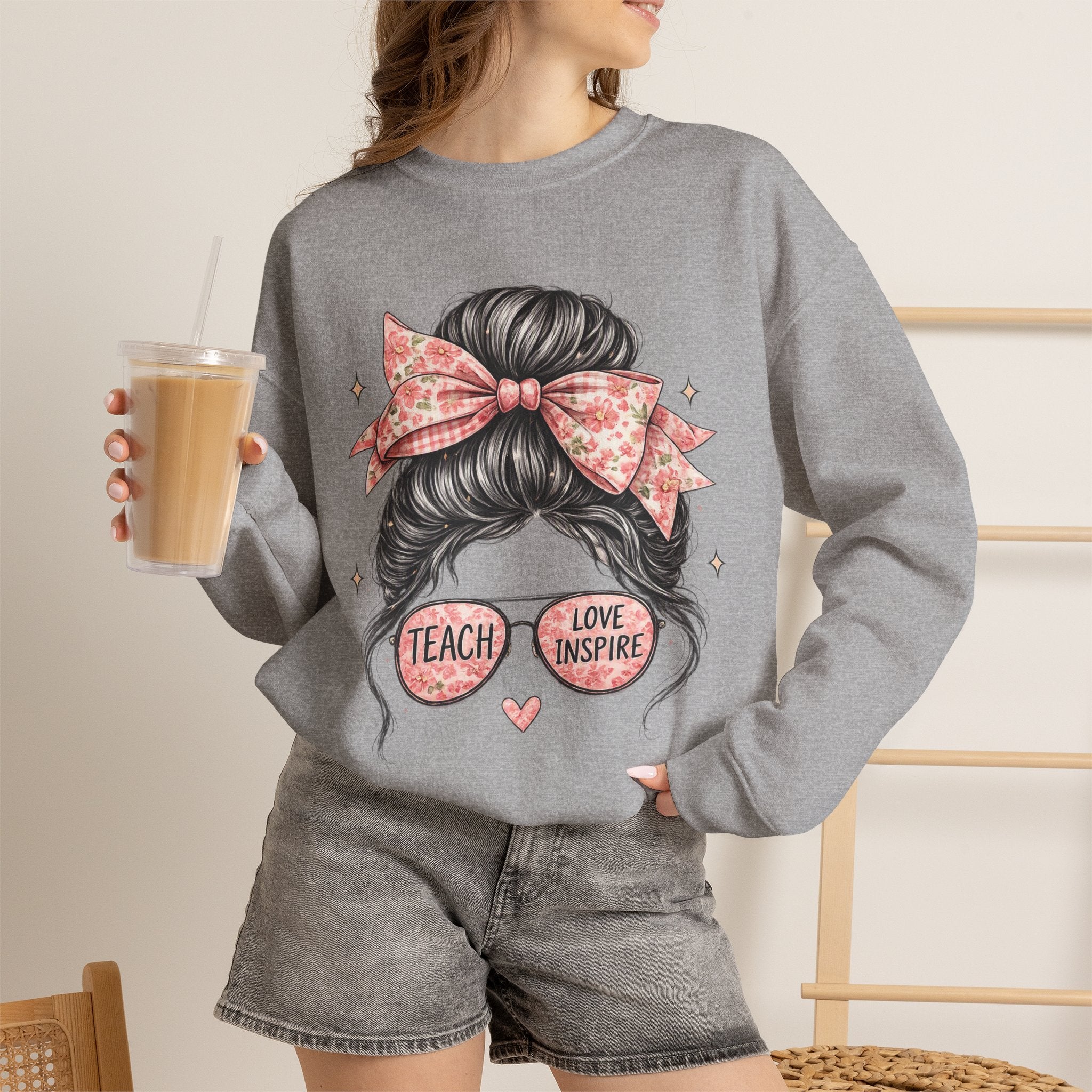 Funny Shirts for Teachers – Hair Bun & Sunglasses "Teach Love Inspire" Sweatshirt
