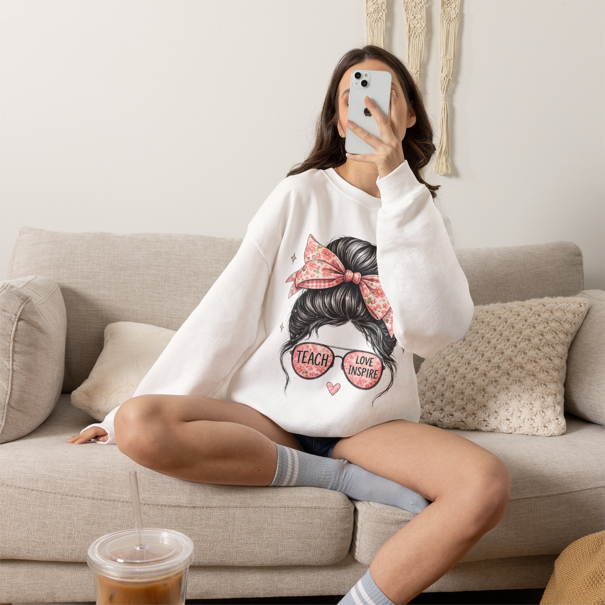 Funny Shirts for Teachers – Hair Bun & Sunglasses "Teach Love Inspire" Sweatshirt