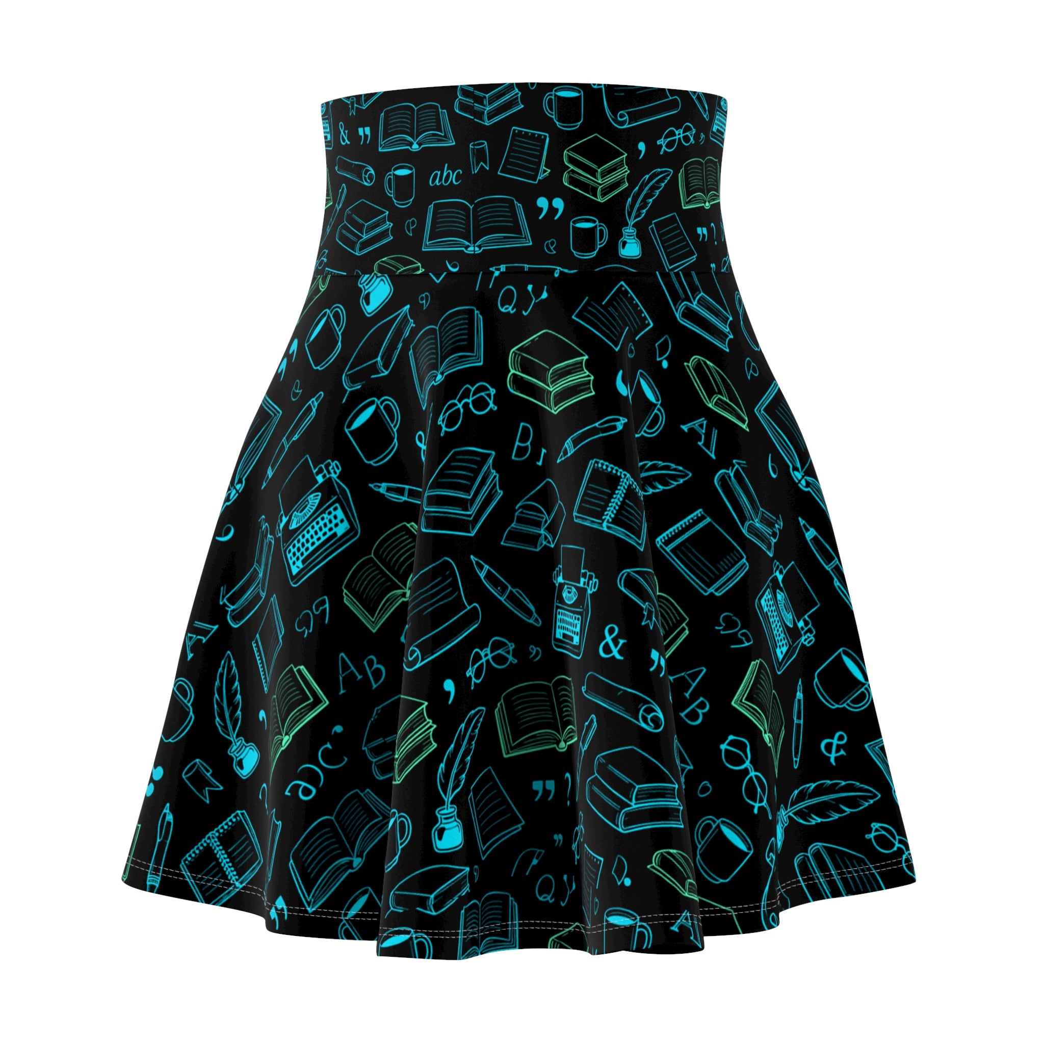 High-waisted skater skirt with neon book and literary doodle print