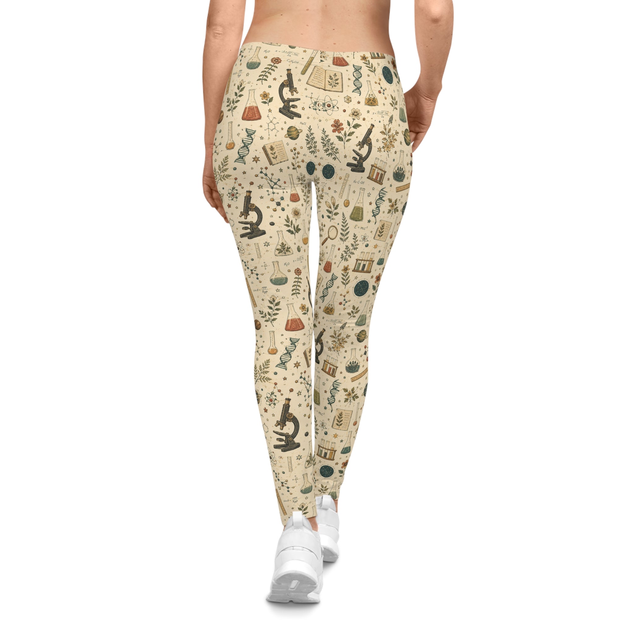 Science Teacher Leggings — Beige Botanical Lab Print | All-Over STEM Leggings for Women