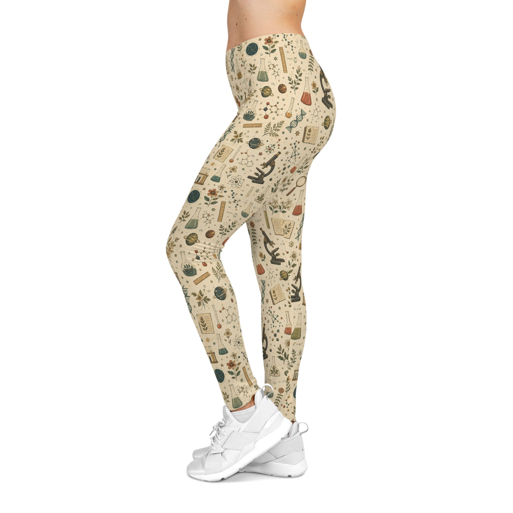 Science Teacher Leggings — Beige Botanical Lab Print | All-Over STEM Leggings for Women