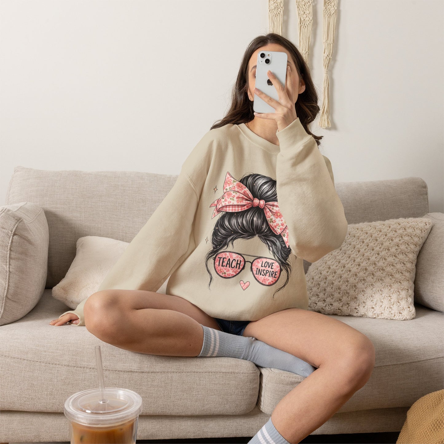 Funny Shirts for Teachers – Hair Bun & Sunglasses "Teach Love Inspire" Sweatshirt