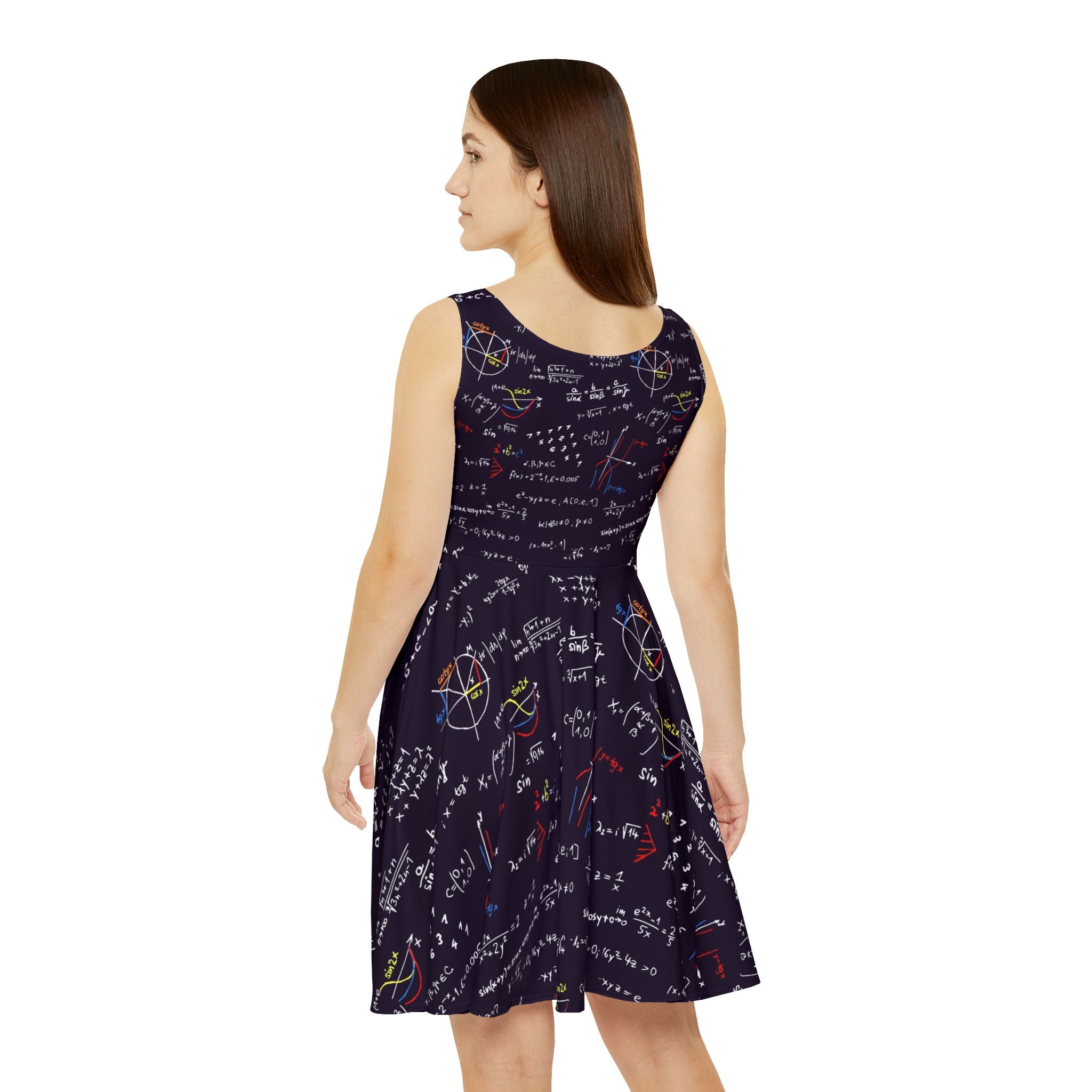 Math teacher dress detail, close-up of formula and shape pattern on stretch fabric