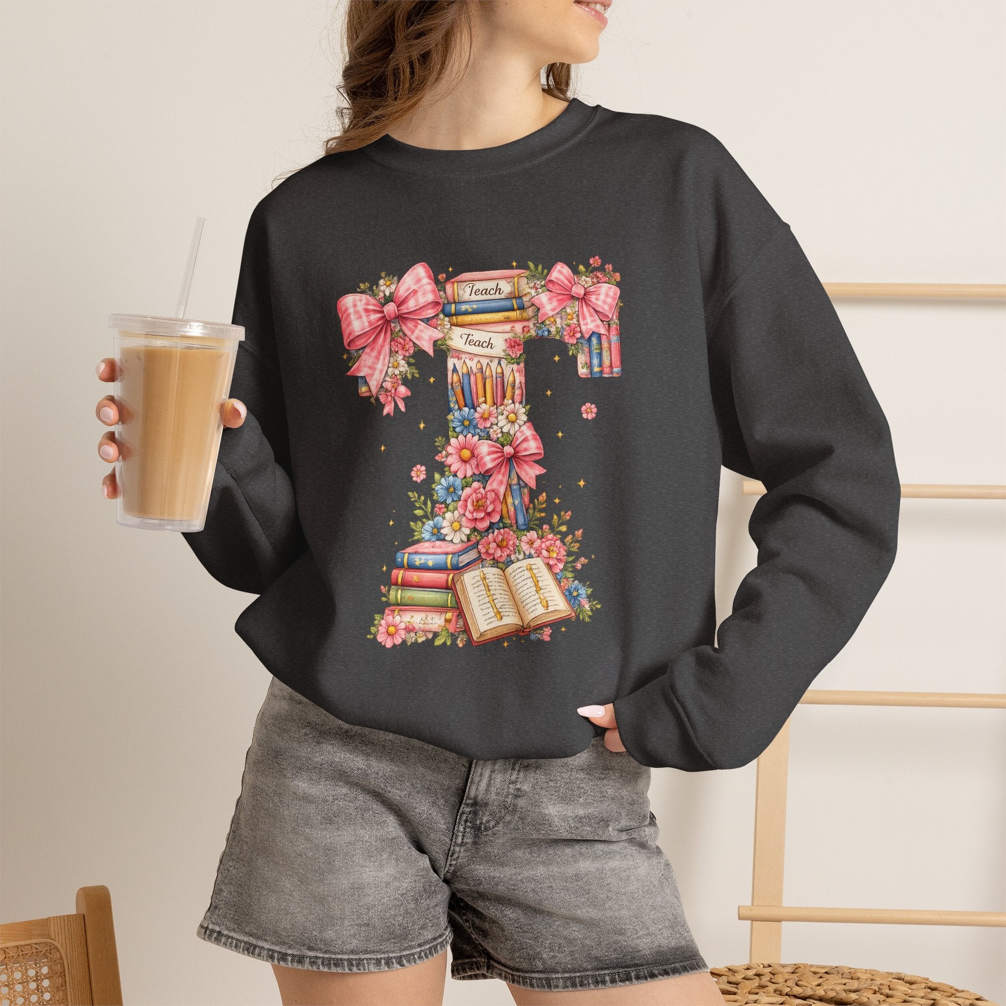 Teacher Crewneck Sweatshirt – Letter "T" Floral Bookstack, Reading Teacher Gift