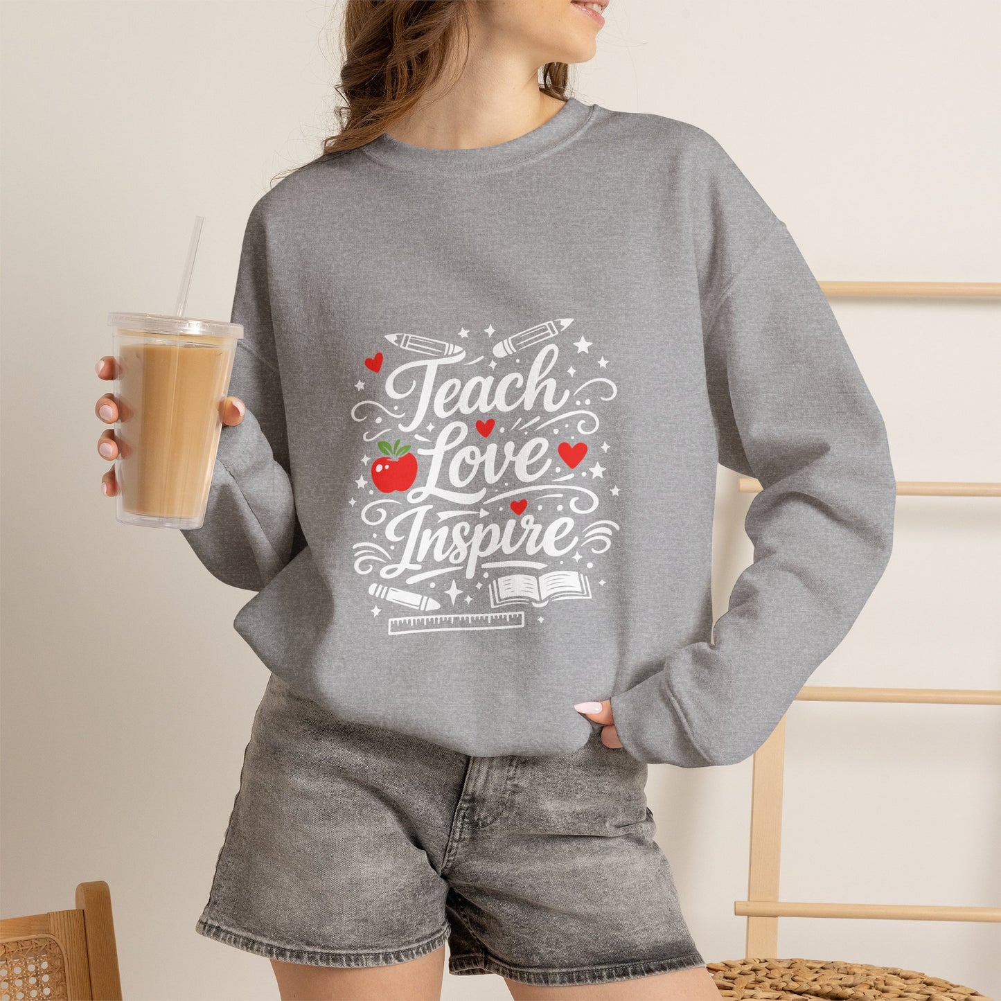 Teacher Appreciation Gift Sweatshirt – "Teach Love Inspire" Apple & Book Crewneck