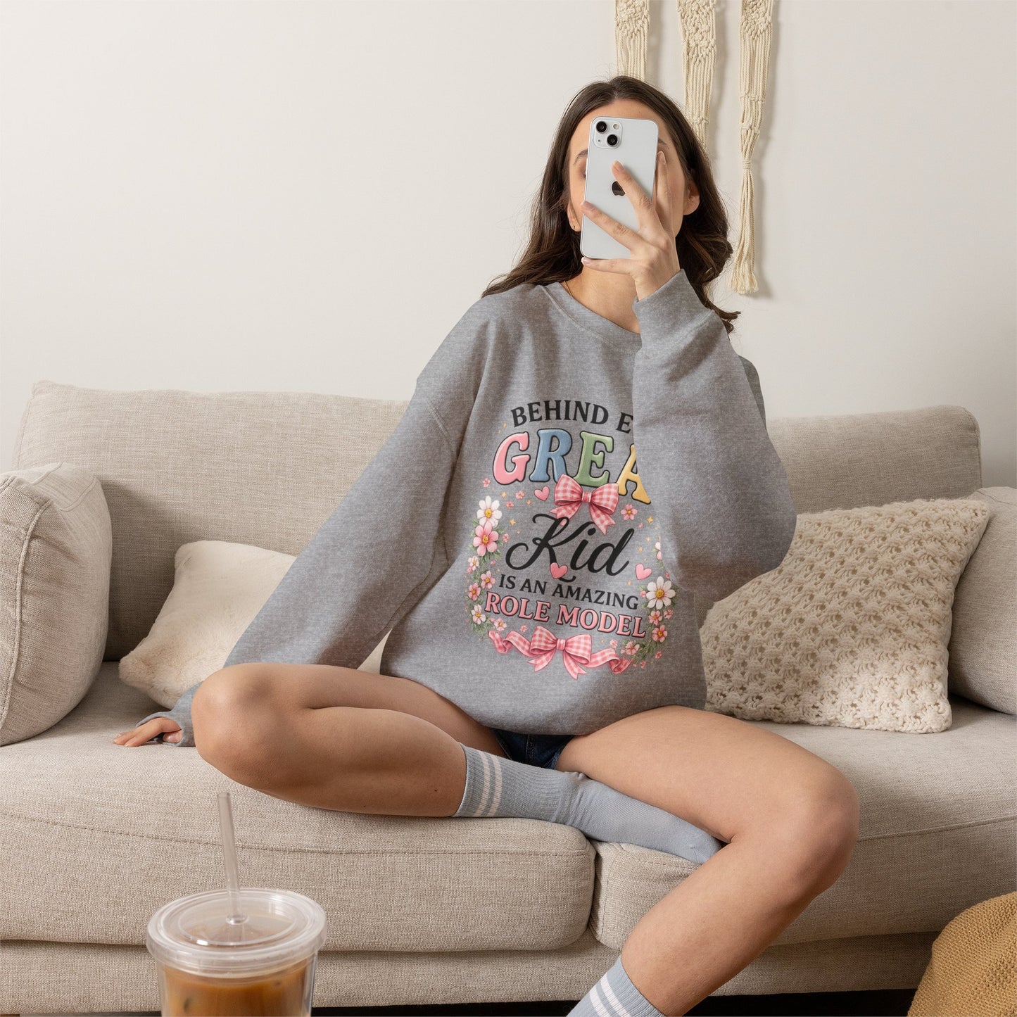 Crewneck Sweatshirt — “Behind Every Great Kid Is An Amazing Role Model” Floral Design