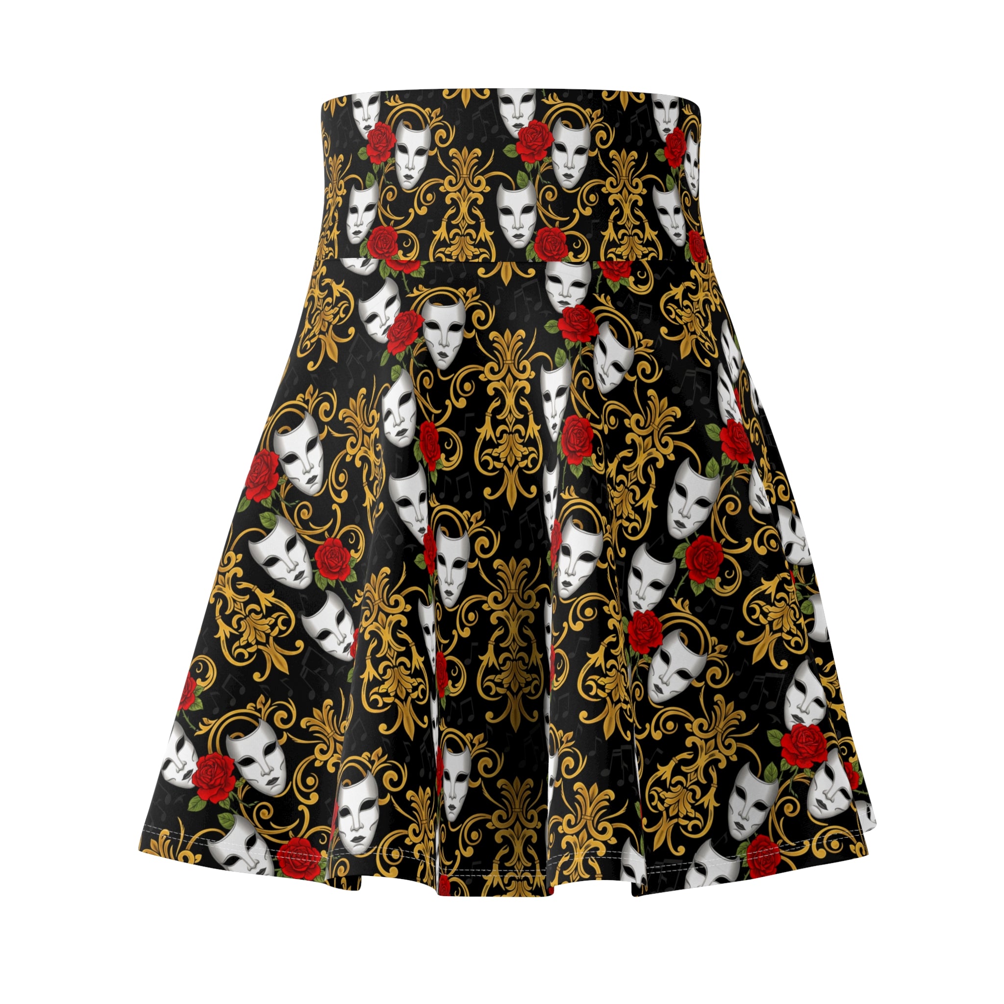 High-waisted skater skirt with Venetian mask and red rose print, dark academia style
