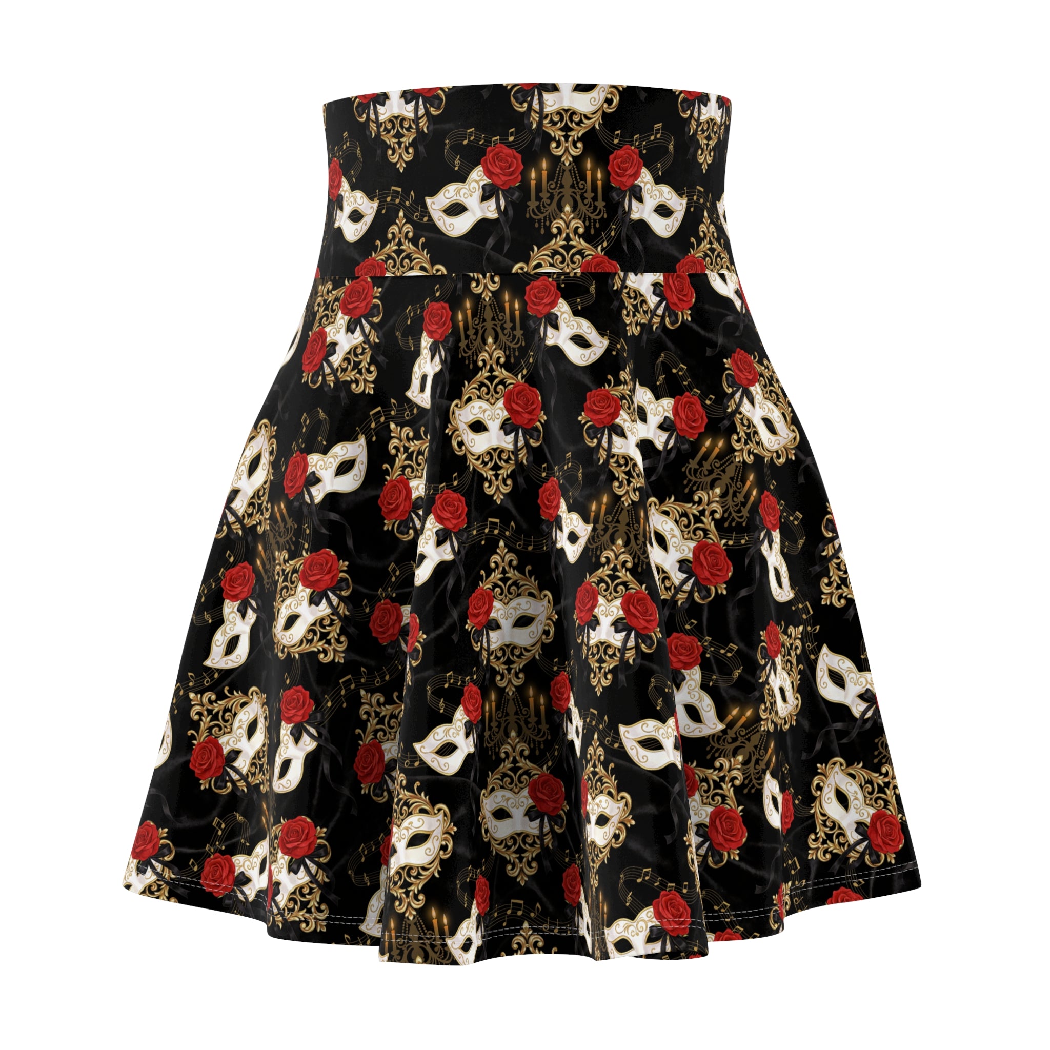 Phantom of the Opera themed skater skirt with mask and rose print