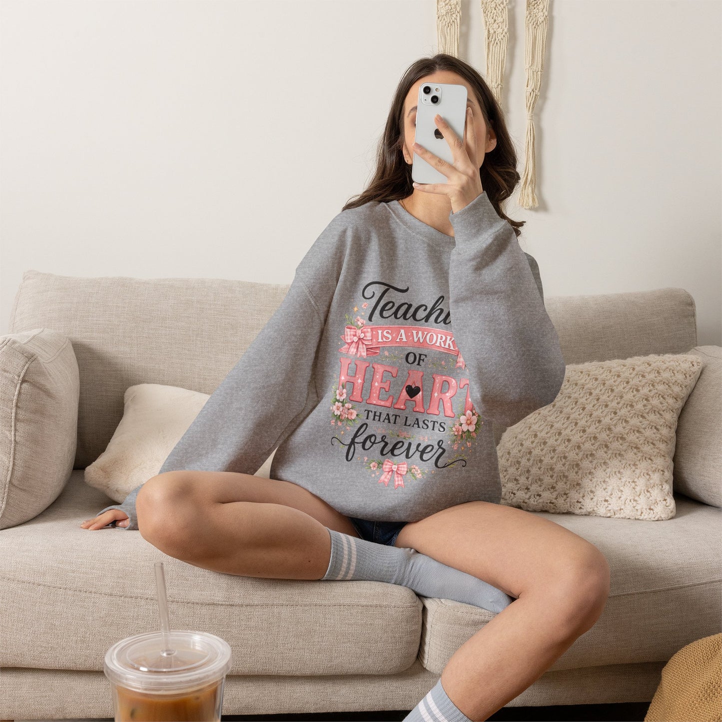 Elementary Teacher Crewneck Sweatshirt – "Teaching Is a Work of Heart" Floral