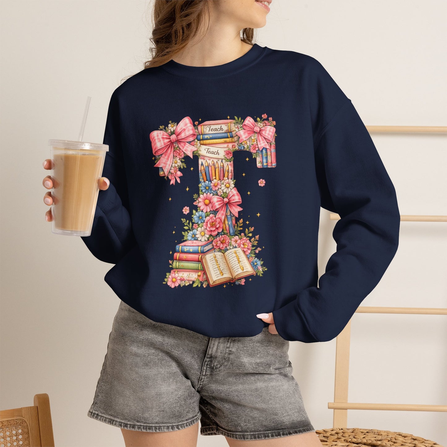 Letter T Floral Bookstack Sweatshirt — Feminine Alphabet Tee for Book Lovers