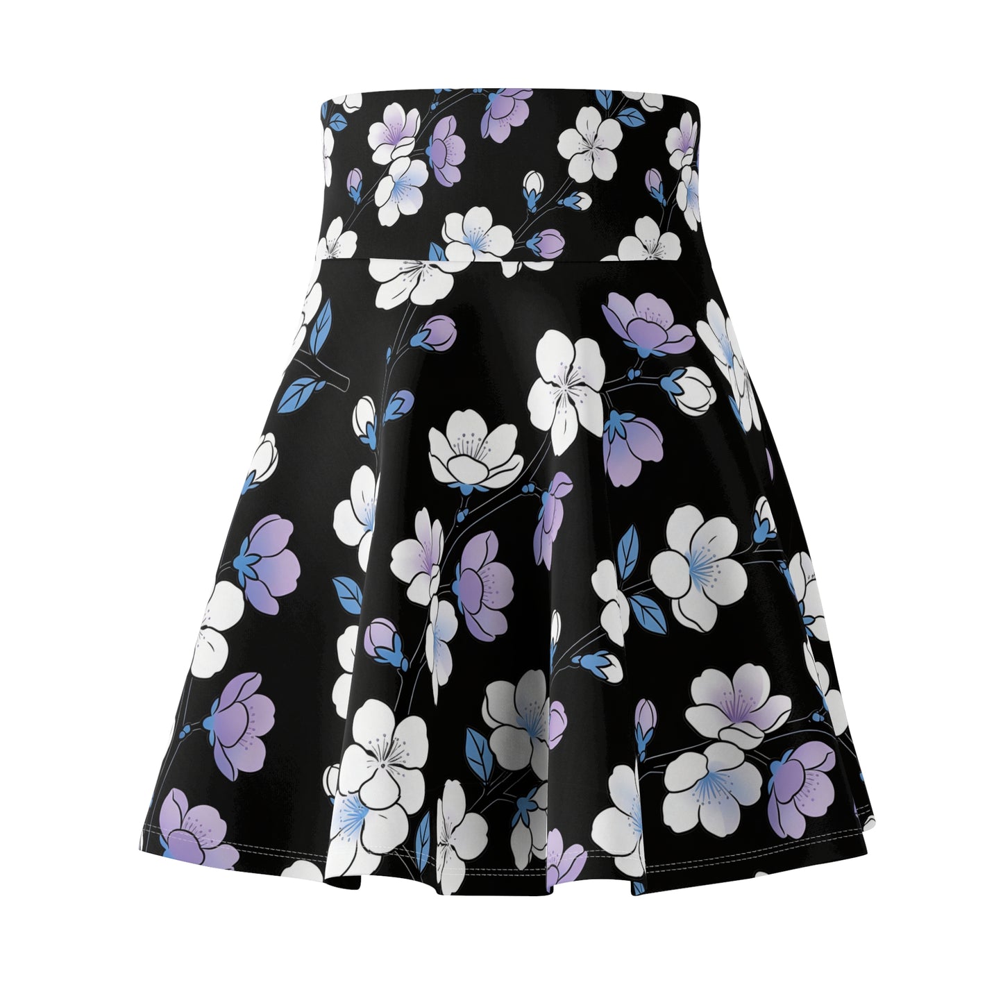 Purple White Floral Pattern Skater Skirt | Black Background