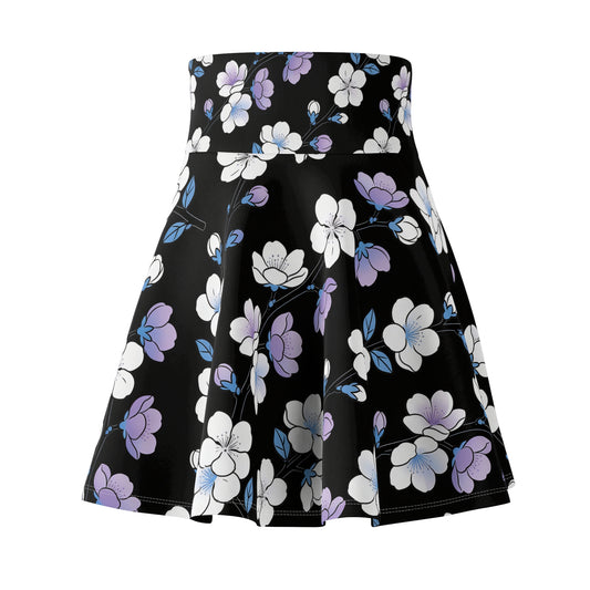 Purple White Floral Pattern Skater Skirt | Black Background