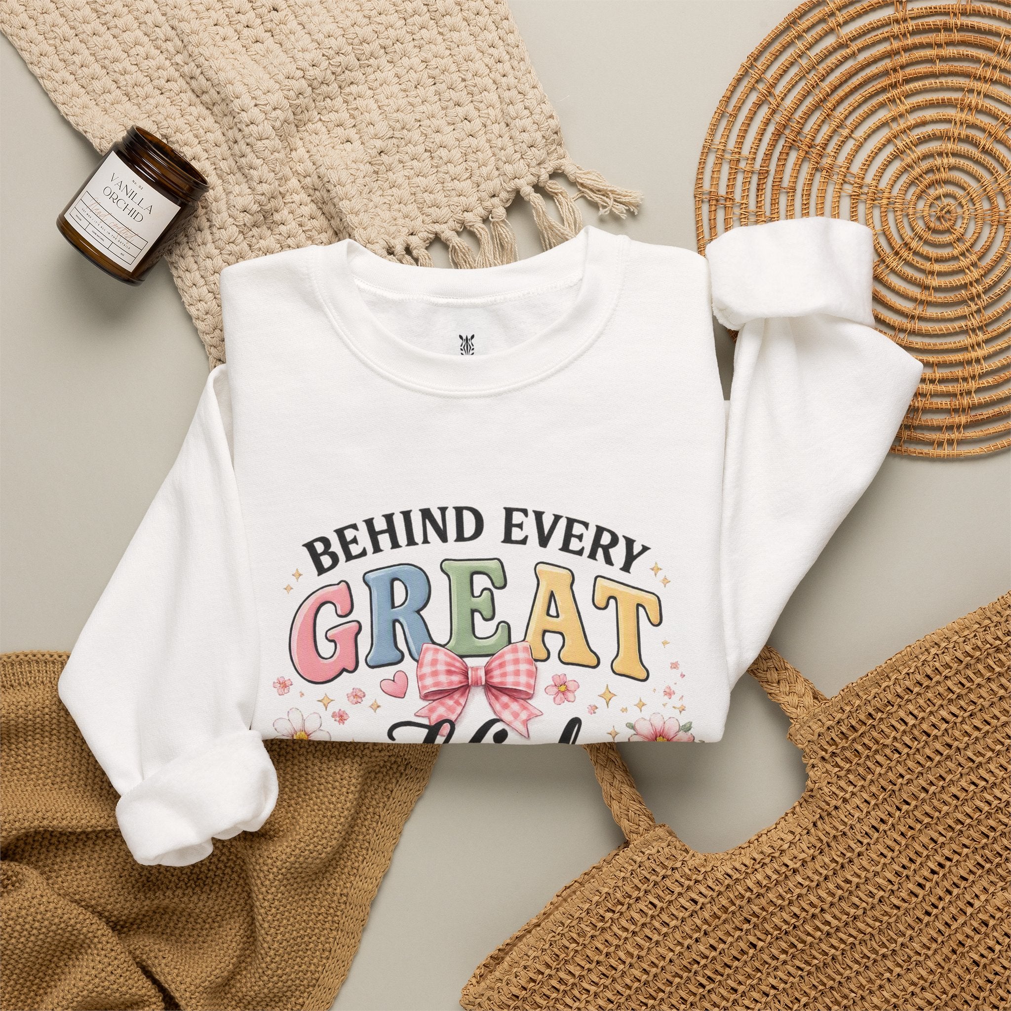 Teacher Crewneck Sweatshirt – "Behind Every Great Kid" Floral Design