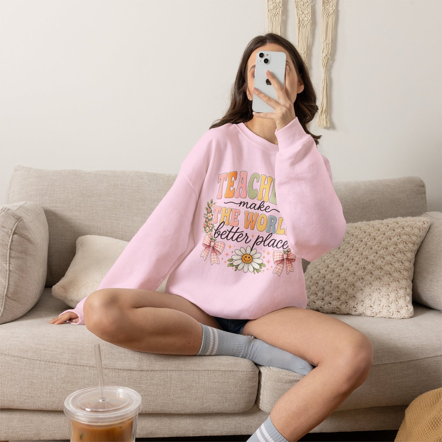 Cotton Teacher Sweatshirt – "Teachers Make the World Better" Daisy Crewneck