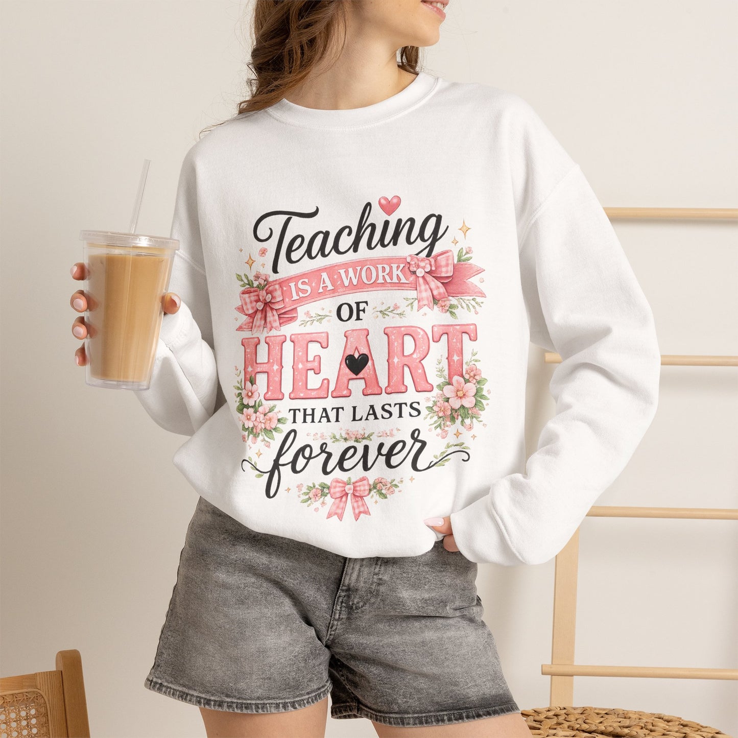 Elementary Teacher Crewneck Sweatshirt – "Teaching Is a Work of Heart" Floral
