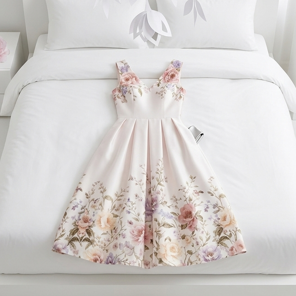 Floral teacher dress back view — V-neck midi length school outfit — Zebra Creation