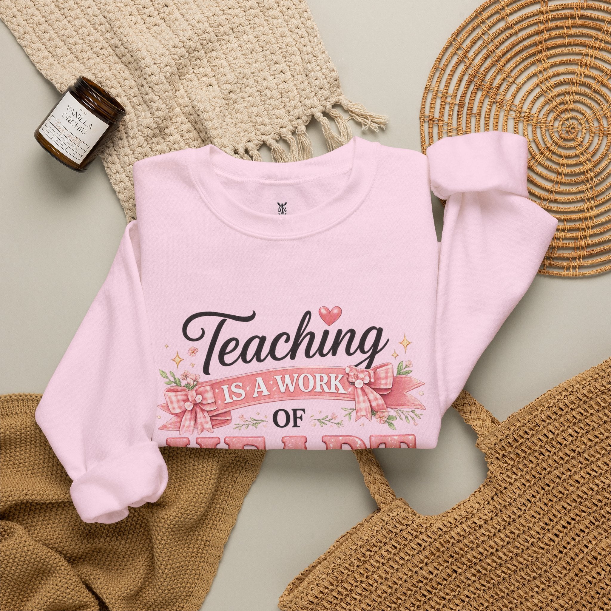 Elementary Teacher Crewneck Sweatshirt – "Teaching Is a Work of Heart" Floral