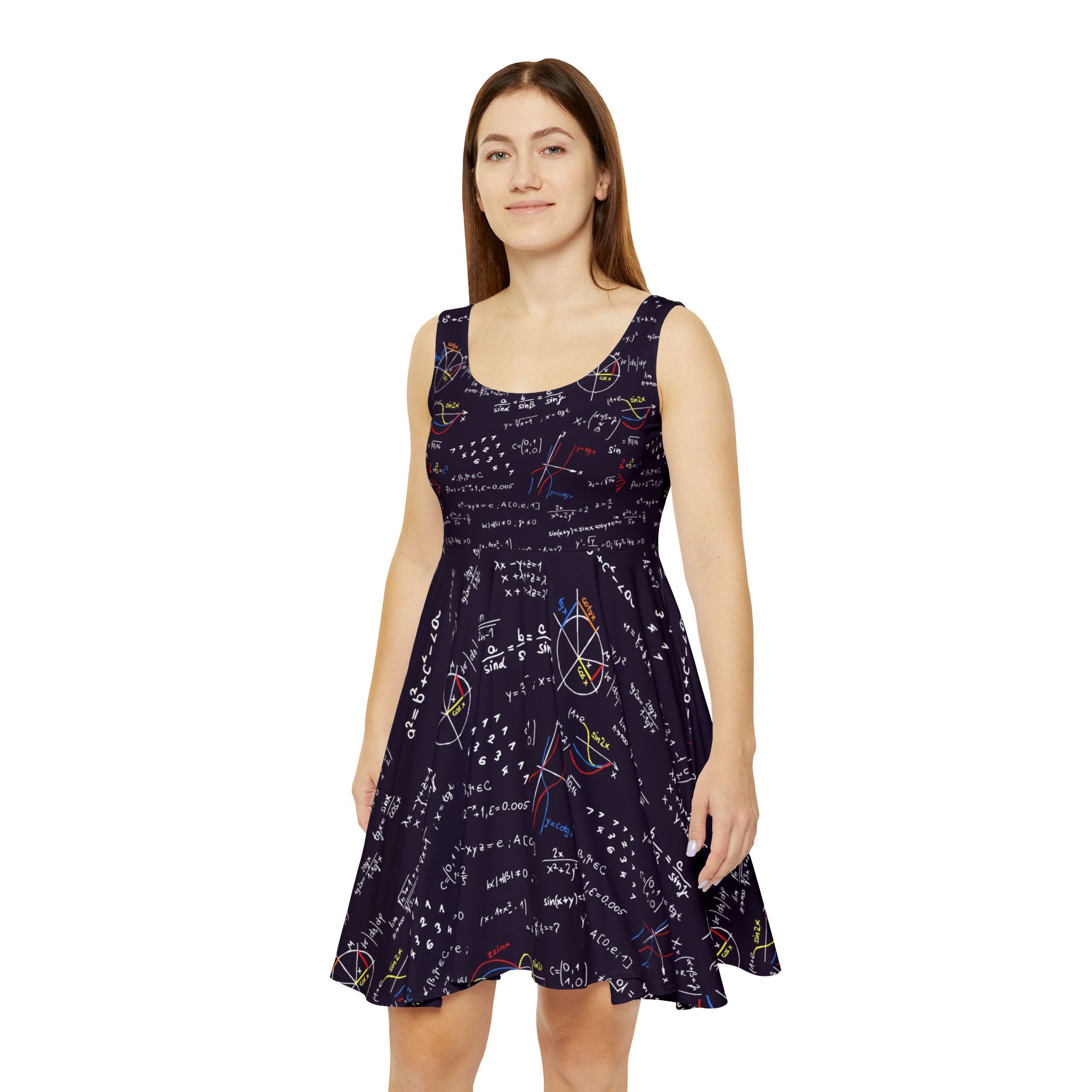 Math teacher skater dress with algebra equation and geometry print, front view
