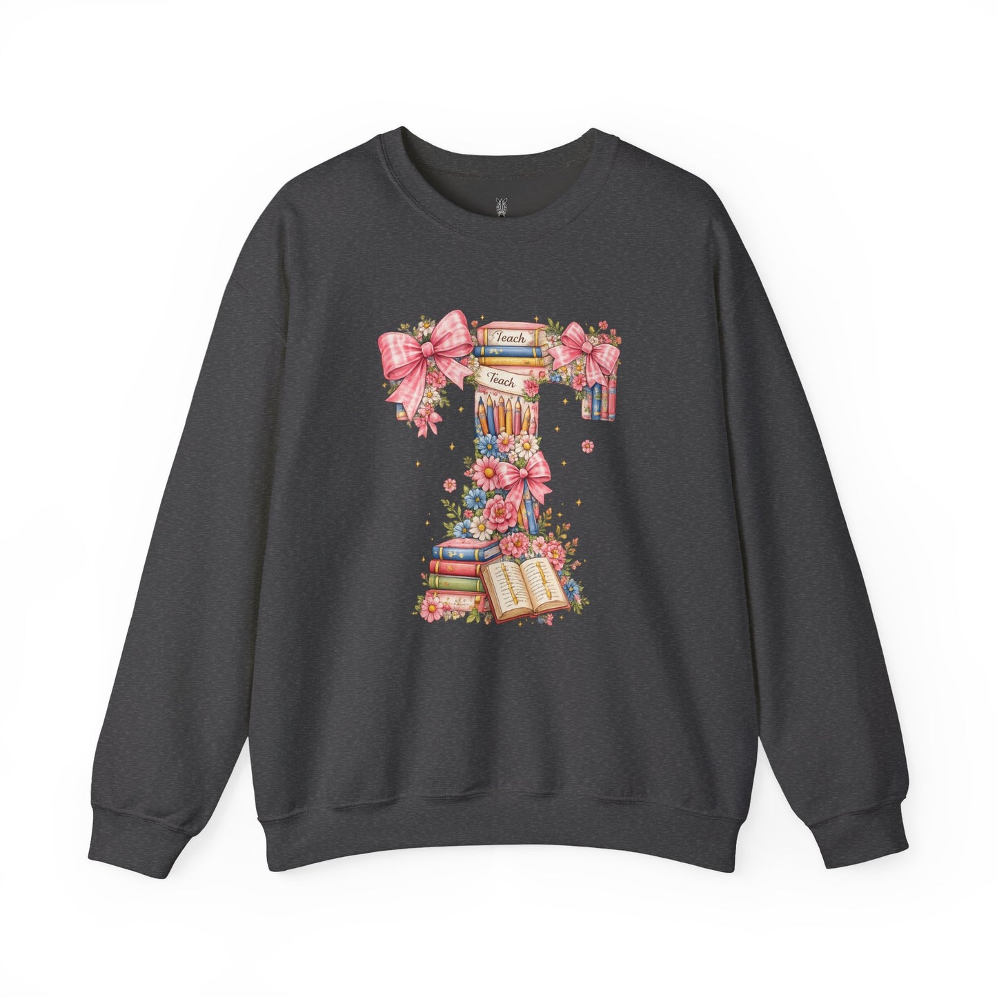 Letter T Floral Bookstack Sweatshirt — Feminine Alphabet Tee for Book Lovers