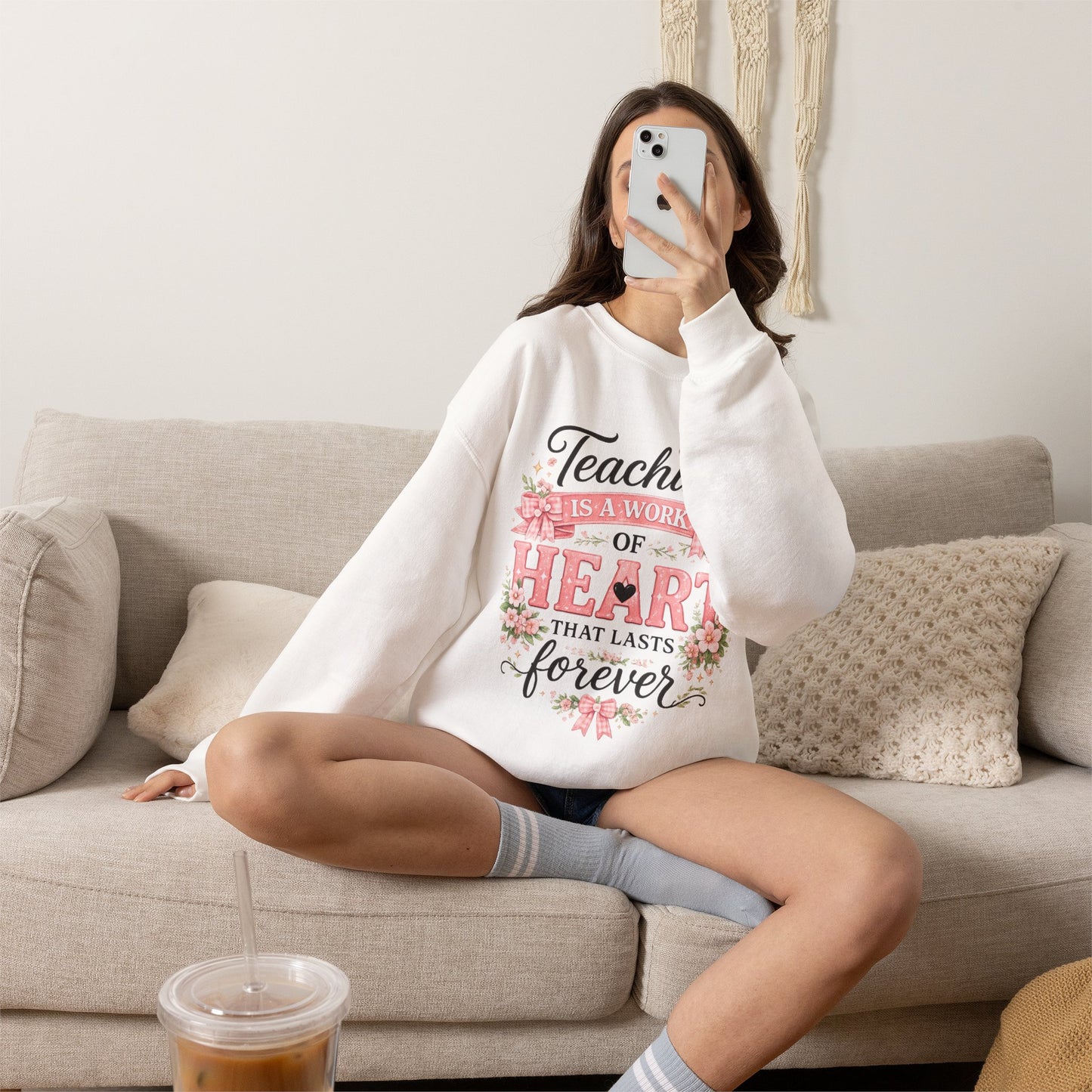 Elementary Teacher Crewneck Sweatshirt – "Teaching Is a Work of Heart" Floral
